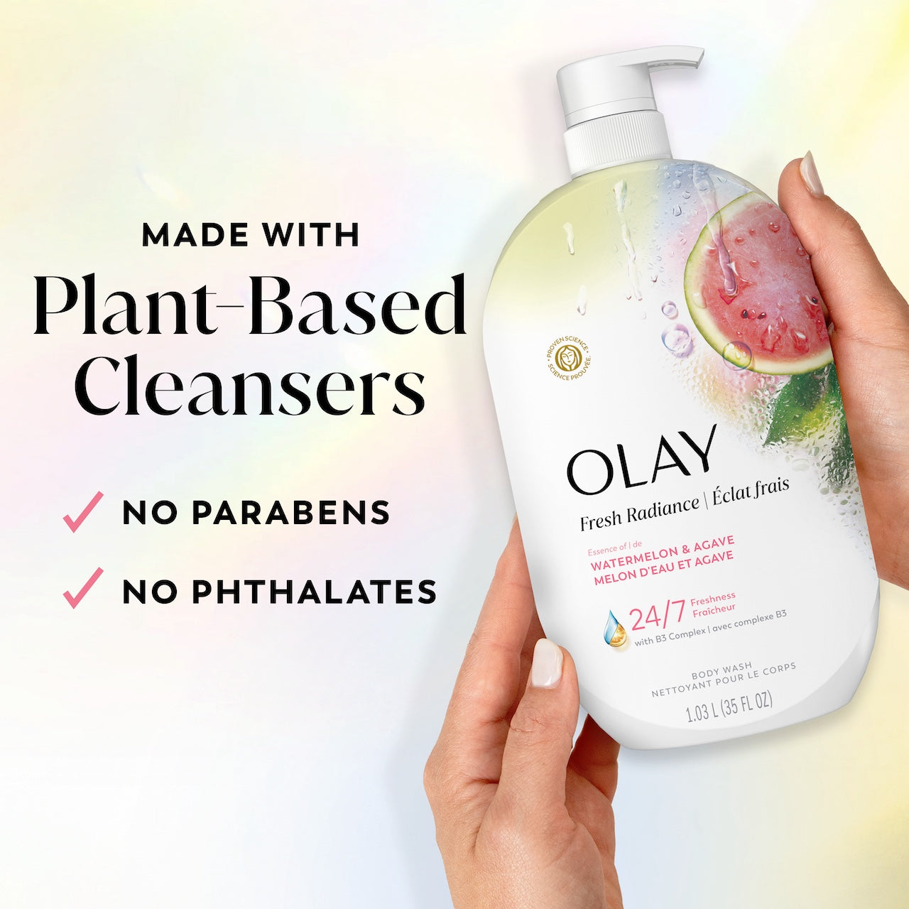Model holding Fresh Radiance Body Wash bottle. Made with plant based cleansers. No parabens, no phthalates Model holding Fresh Radiance Body Wash bottle. Made with plant based cleansers. No parabens, no phthalates