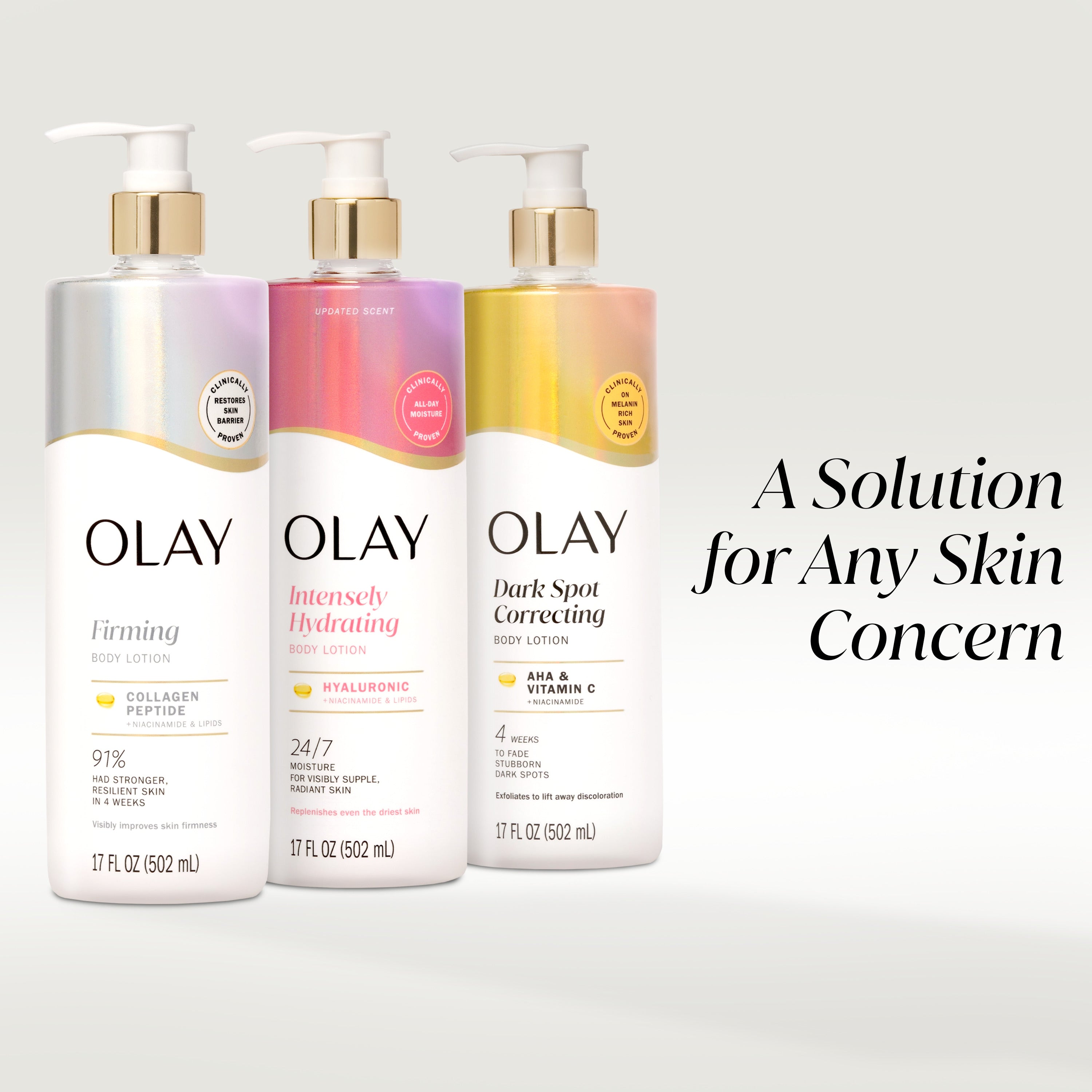 Three body lotion products. Firming collagen peptide, intensely hydrating hyaluronic, dark spot correcting AHA and Vitamin C bottles. A solution for any skin concern. Three body lotion products. Firming collagen peptide, intensely hydrating hyaluronic, dark spot correcting AHA and Vitamin C bottles. A solution for any skin concern.