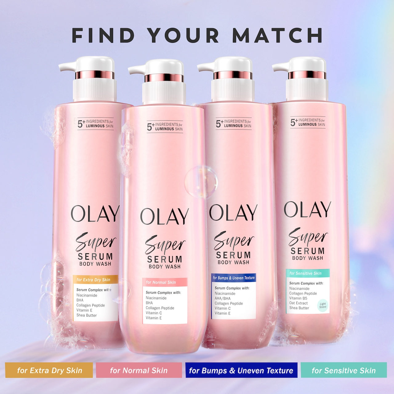 Super body wash bottle lineup. Find your match. For extra dry skin, for normal skin, for bumps and uneven texture, for sensitive skin Super body wash bottle lineup. Find your match. For extra dry skin, for normal skin, for bumps and uneven texture, for sensitive skin