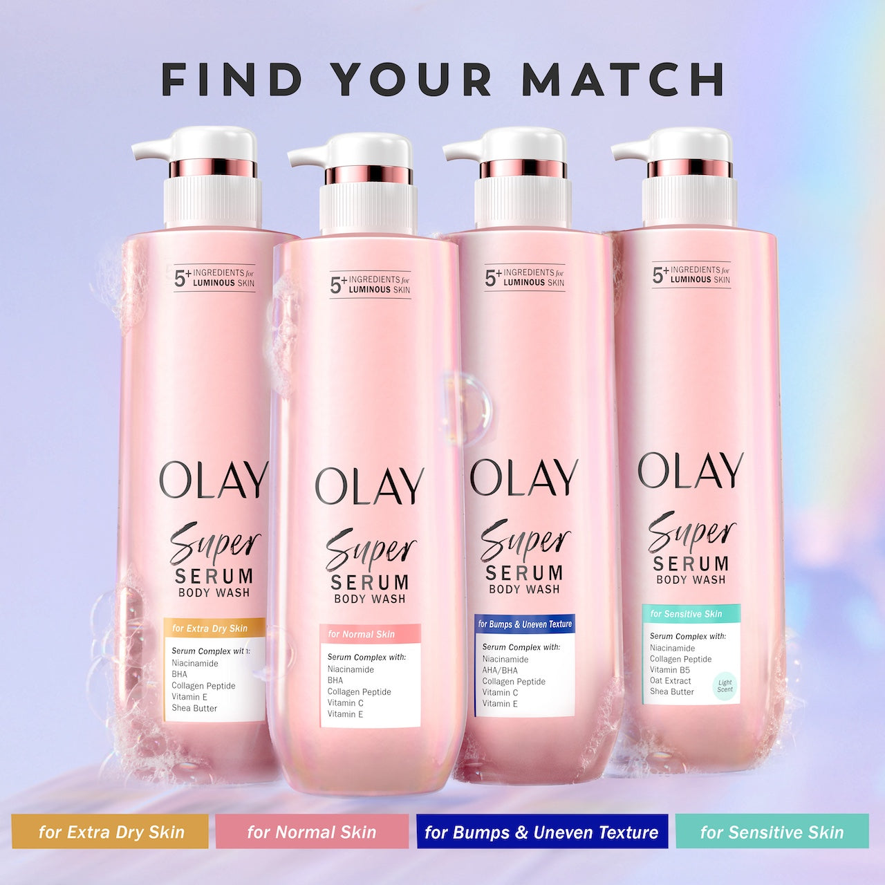 Super body wash bottle lineup. Find your match. For extra dry skin, for normal skin, for bumps and uneven texture, for sensitive skin Super body wash bottle lineup. Find your match. For extra dry skin, for normal skin, for bumps and uneven texture, for sensitive skin