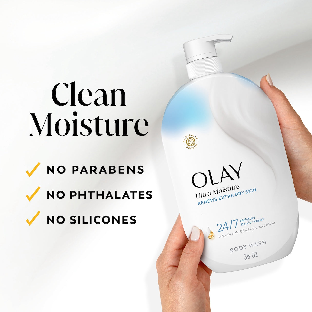 Model holding Olay Ultra Moisture Body Wash, Clean moisture. No prarbens, no phthalates, no silicones Model holding Olay Ultra Moisture Body Wash, Clean moisture. No prarbens, no phthalates, no silicones