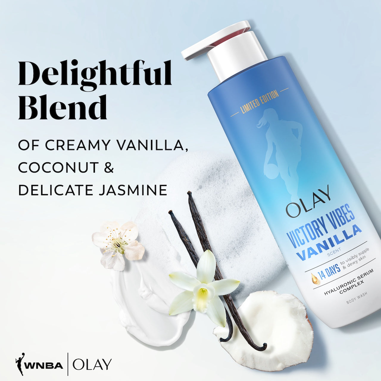 Victory Vibes ntensely Hydrating Body Wash bottle. Delightful blend of creamy vanilla, coconut and delicate jasmine. Victory Vibes ntensely Hydrating Body Wash bottle. Delightful blend of creamy vanilla, coconut and delicate jasmine.