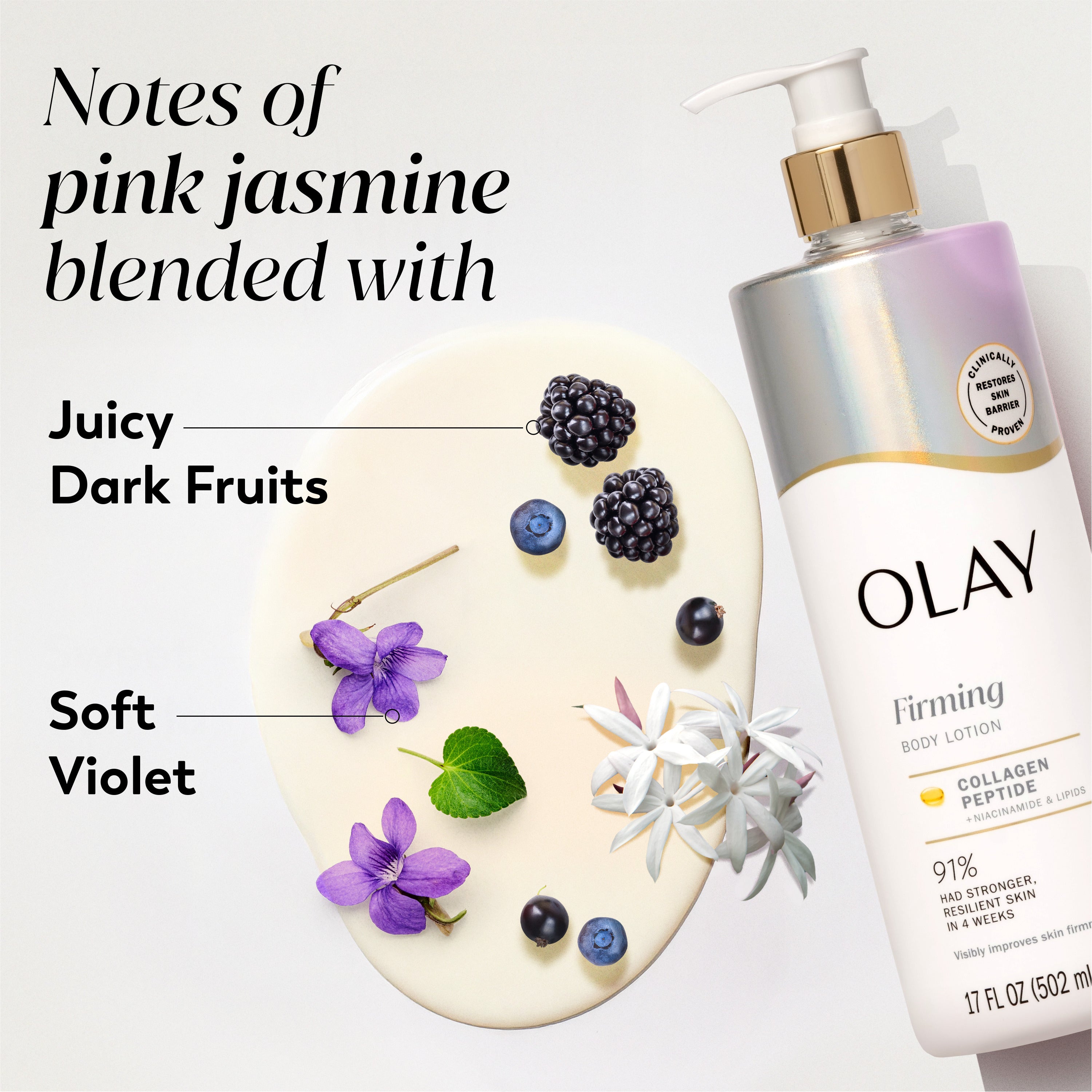 Olay Firming & Hydrating Body Lotion with Collagen bottle with fruit and flowers. Notes of pink jasmine blended with juicy dark fruits, soft violet. Olay Firming & Hydrating Body Lotion with Collagen bottle with fruit and flowers. Notes of pink jasmine blended with juicy dark fruits, soft violet.