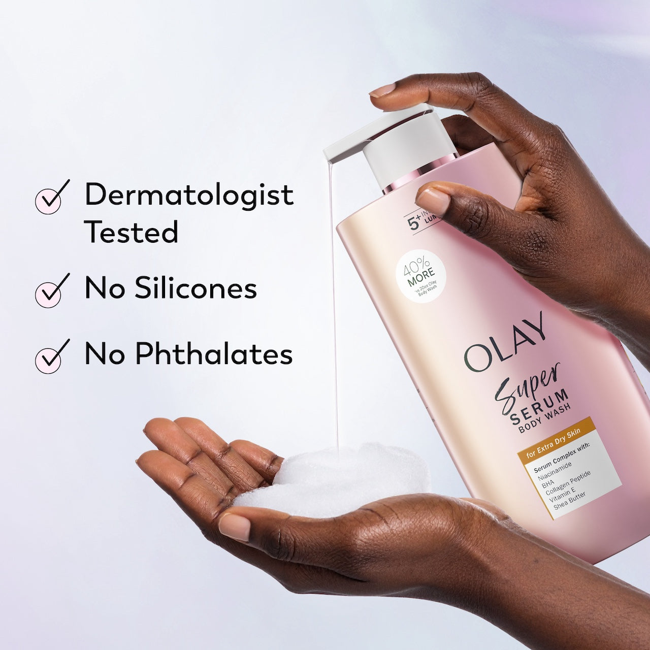 Model pouring Super Serum Body Wash for Sensitive Skin in hand. Designed with dermatologist, no phthalates, no silicones. Model pouring Super Serum Body Wash for Sensitive Skin in hand. Designed with dermatologist, no phthalates, no silicones.