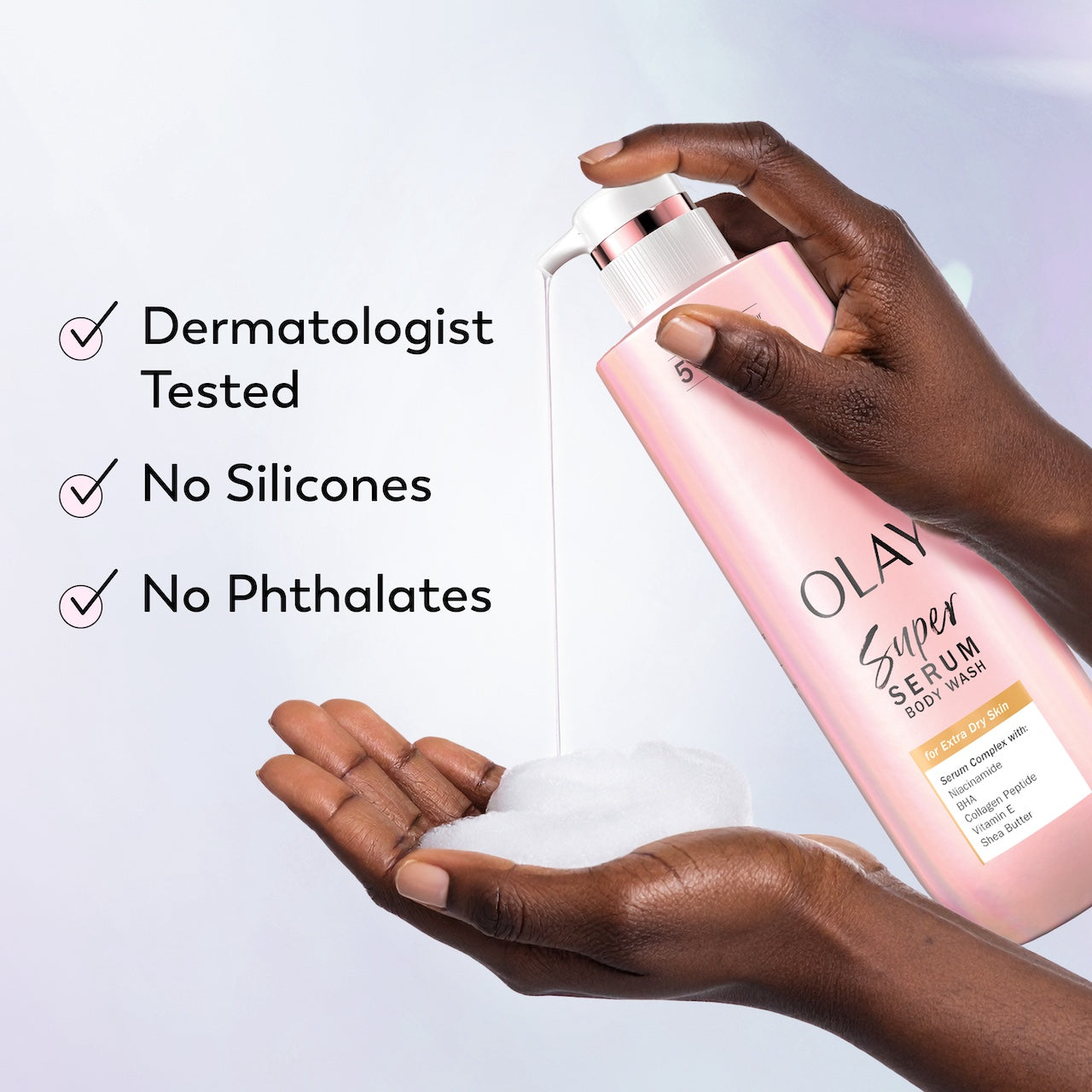 Model pouring Super Serum Body Wash for Sensitive Skin in hand. Designed with dermatologist, no phthalates, no silicones. Model pouring Super Serum Body Wash for Sensitive Skin in hand. Designed with dermatologist, no phthalates, no silicones.