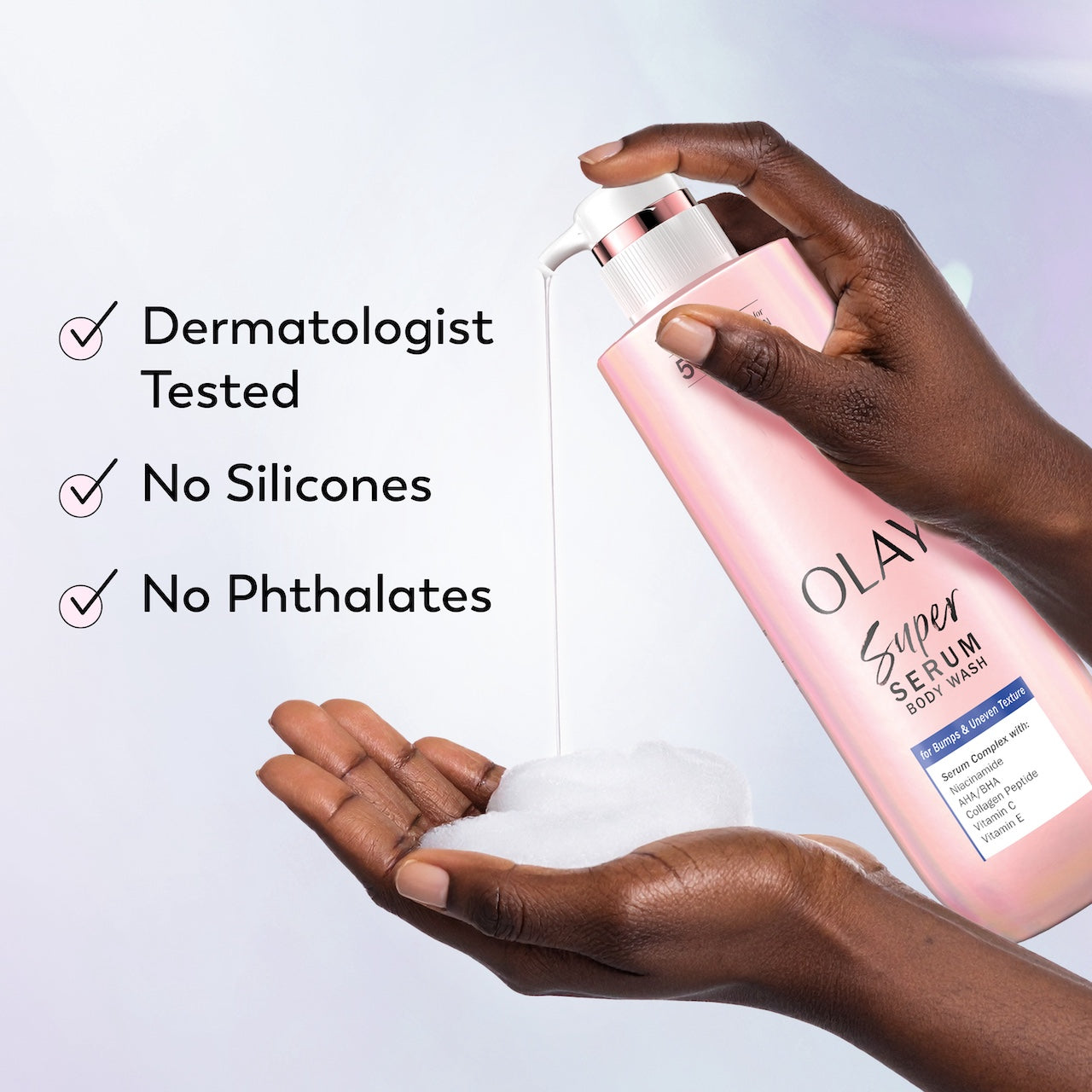 Model pouring Super Serum Body Wash in hand. Designed with dermatologist, no phthalates, no silicones. Model pouring Super Serum Body Wash in hand. Designed with dermatologist, no phthalates, no silicones.
