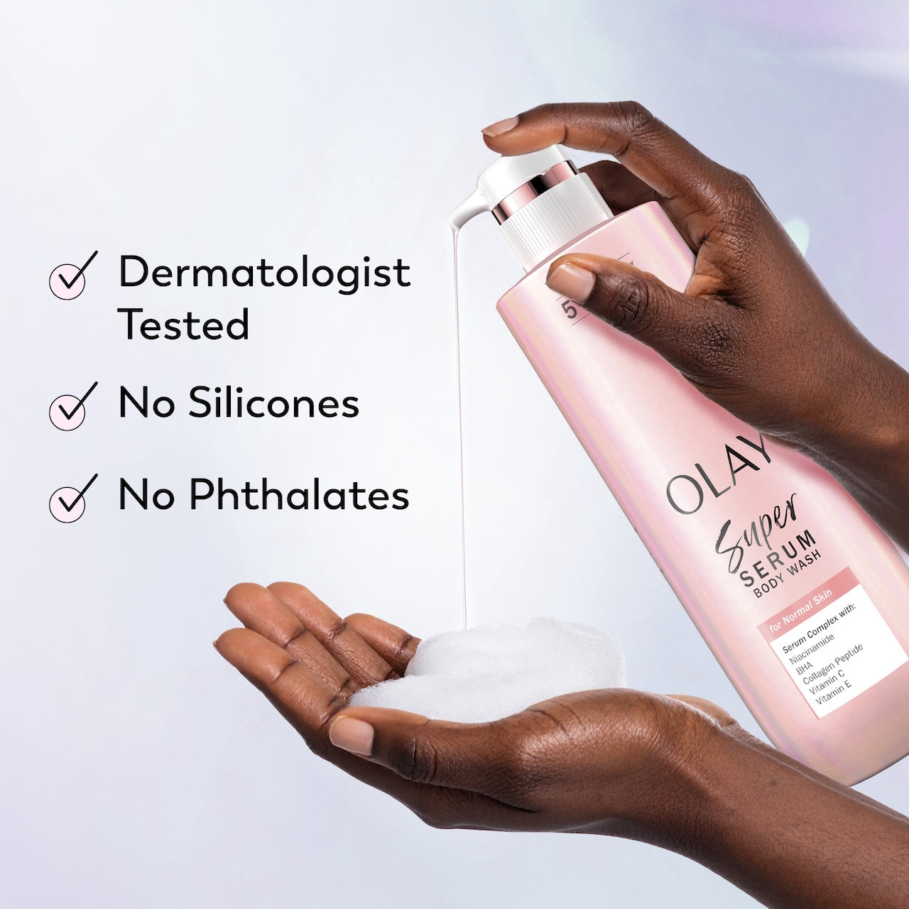 Model pouring Super Serum Body Wash for Sensitive Skin in hand. Designed with dermatologist, no phthalates, no silicones. Model pouring Super Serum Body Wash for Sensitive Skin in hand. Designed with dermatologist, no phthalates, no silicones.