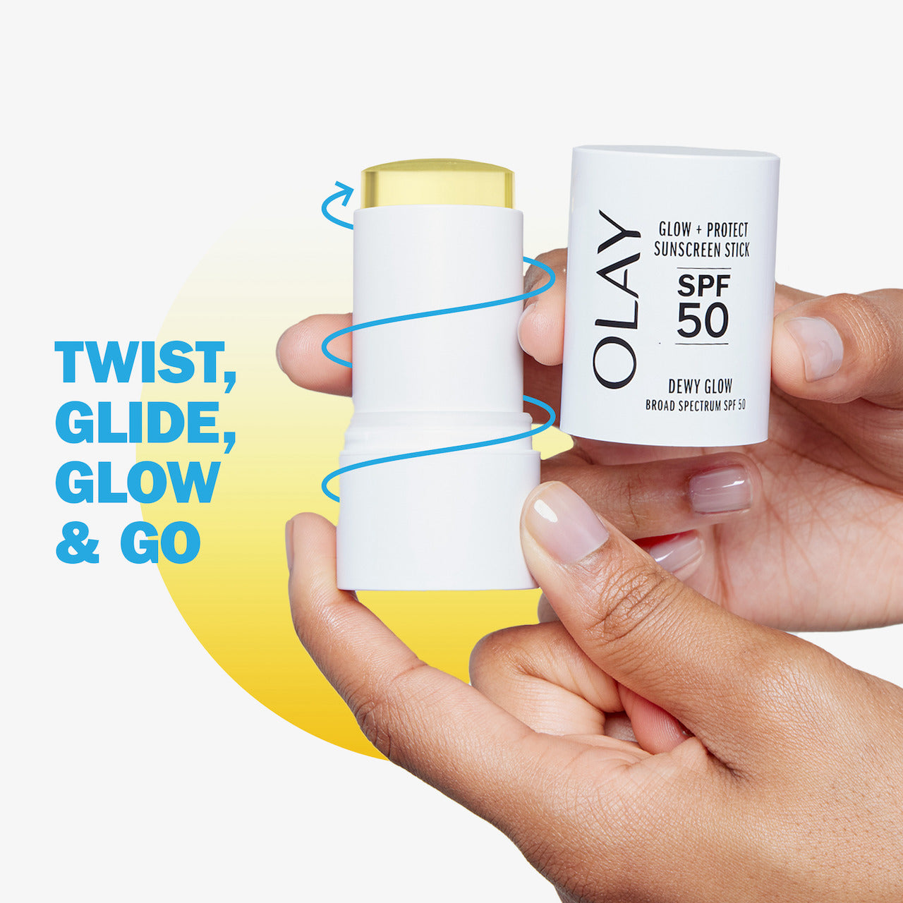 Olay Glow + Protect Sunscreen Stick With Vitamin C SPF 50 in hand.Twist, glide, glow & go