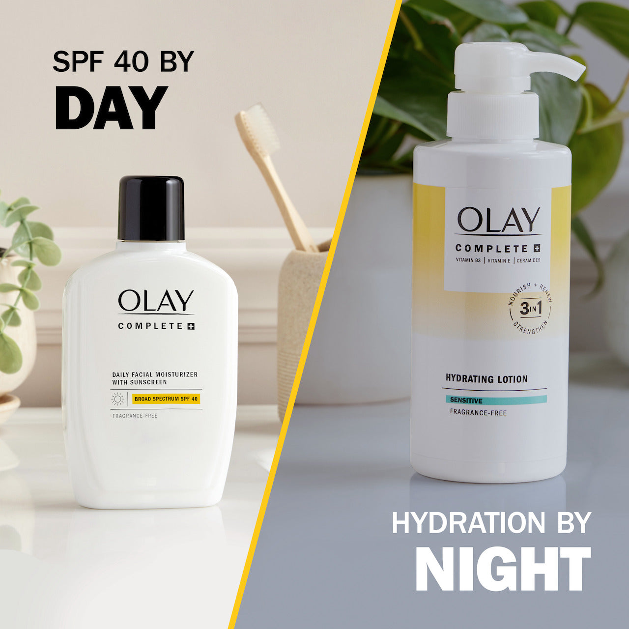 Olay complete moisturizer SPF 40 bottle. SPF 40 by day. Complete + Hydrating Lotion. Hydration by night.