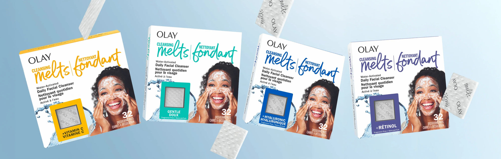 vidéo de trois paquets de produits fondants nettoyants Olay flottant