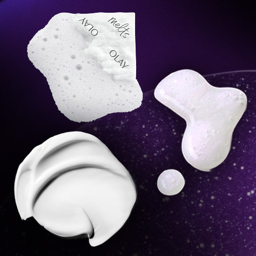texture swipes of Olay cleansing melts with bubbles, Super Serum Night Repair fluid, and Retinol24 Face Moisturizer cream