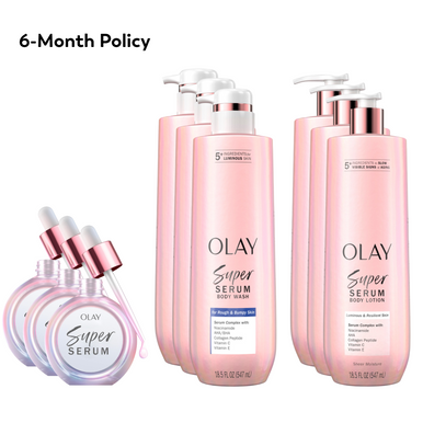 OLAY Skinsurance for Rough & Bumpy Skin bundle products with '6-Month Policy' text on the top left corner of the image