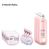 OLAY Skinsurance for Dry Skin bundle products with '6-Month Policy' text on the top left corner of the image
