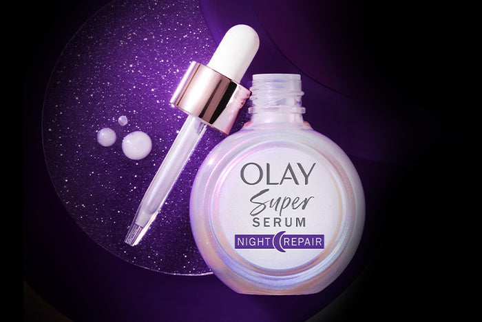Olay Super Serum Night Repair with its dropper on the left of the bottle