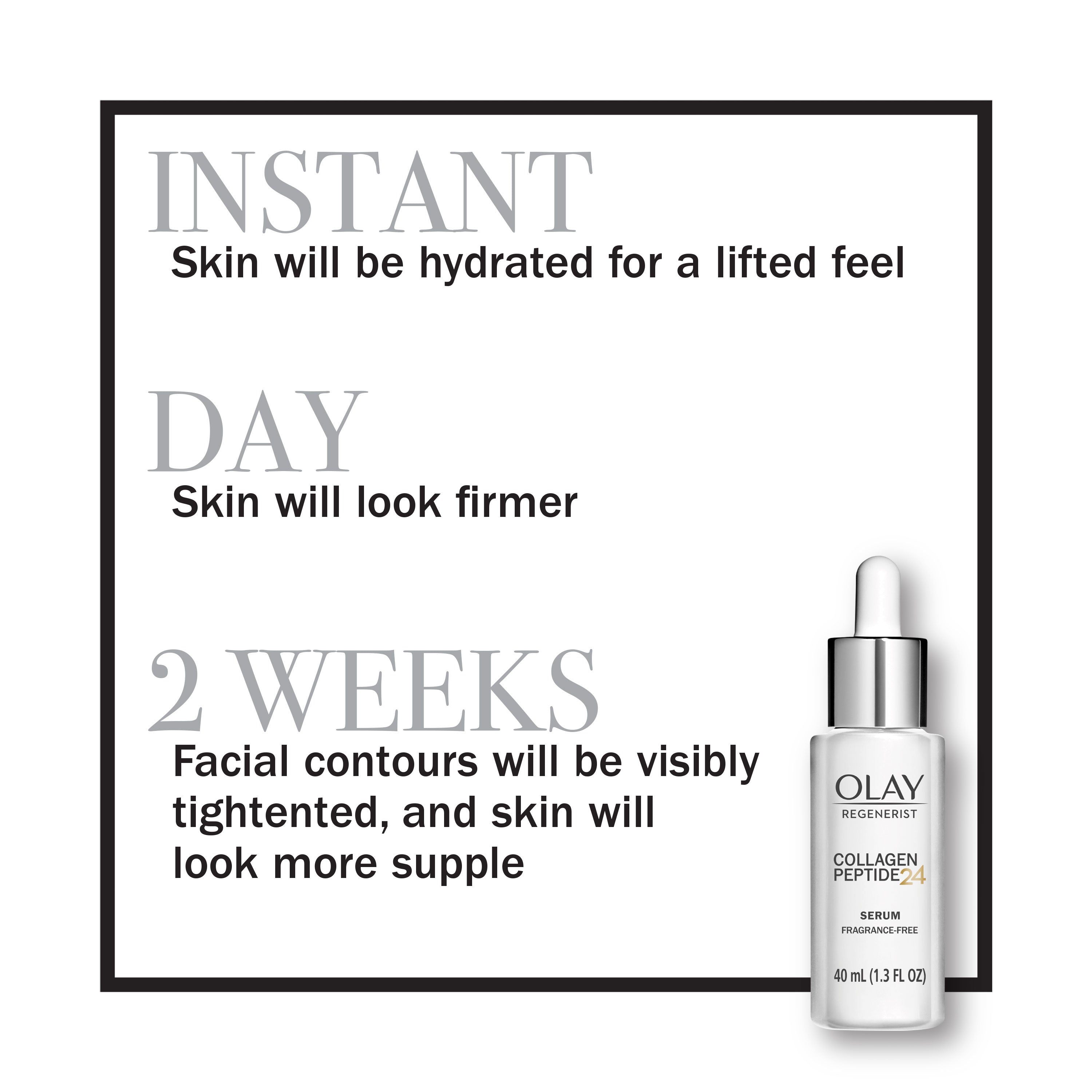 Instant skin will be hydrated for a lifted feel. Day skin will look firmer. 2 weeks facial contours will be visibly tightened, and skin will look more supple