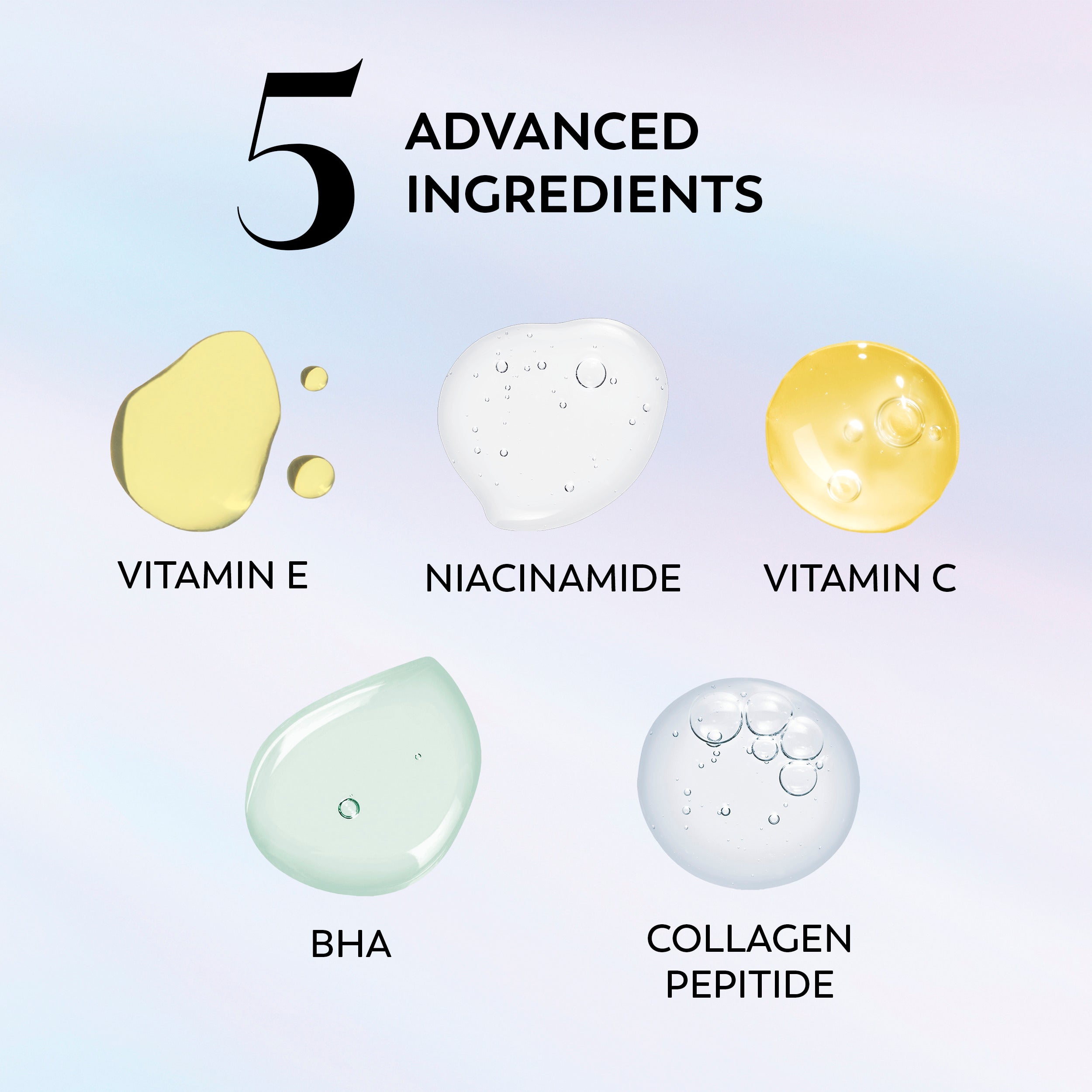 Ingredients. 5 advanced ingredients. Vitamin E, Niacinamide, Vitamin C, BHA, Collagen Peptide.