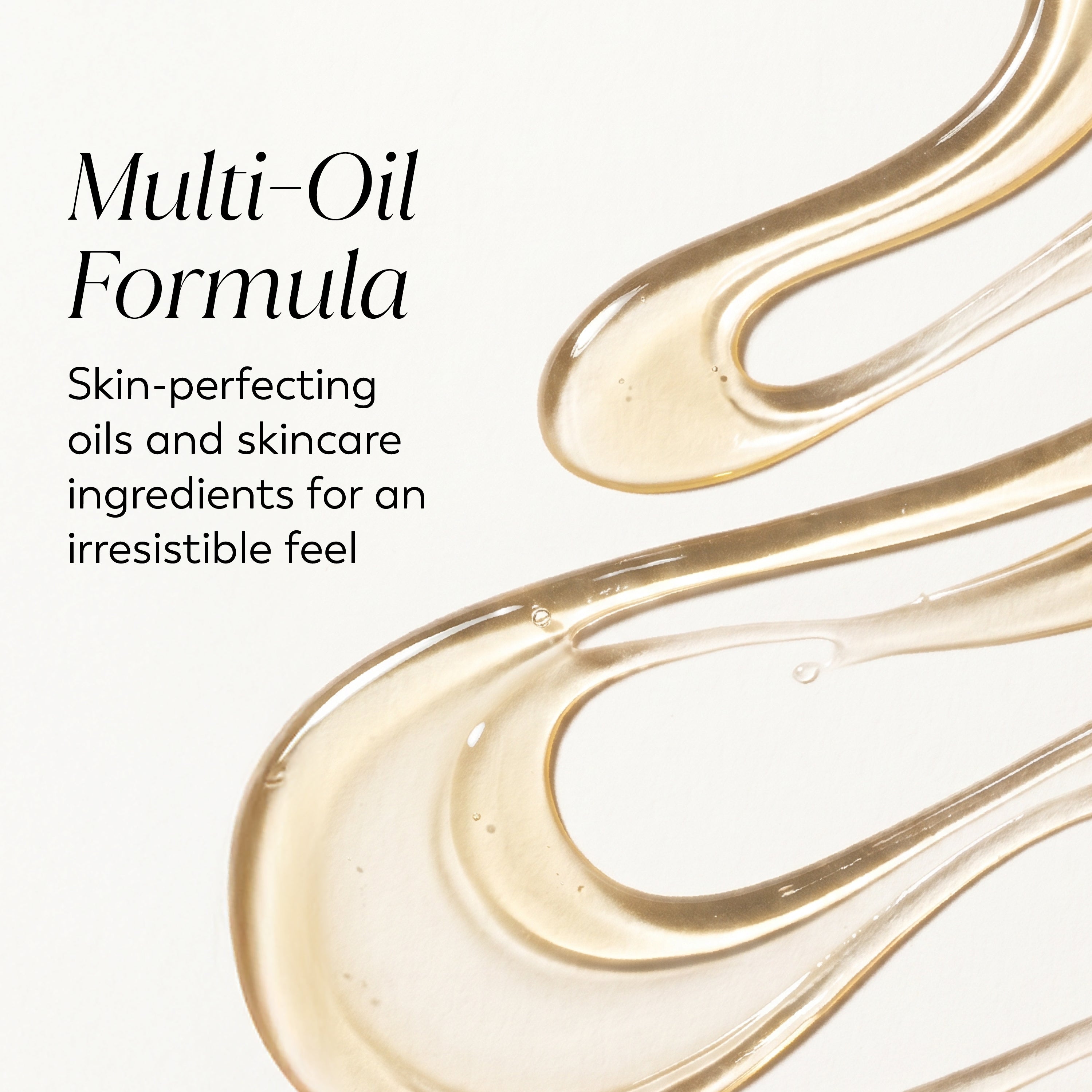 Promotional skincare graphic with the text 'Multi-Oil Formula' and smaller descriptive copy on a clean off-white background, alongside flowing translucent golden oil swirled in the frame.