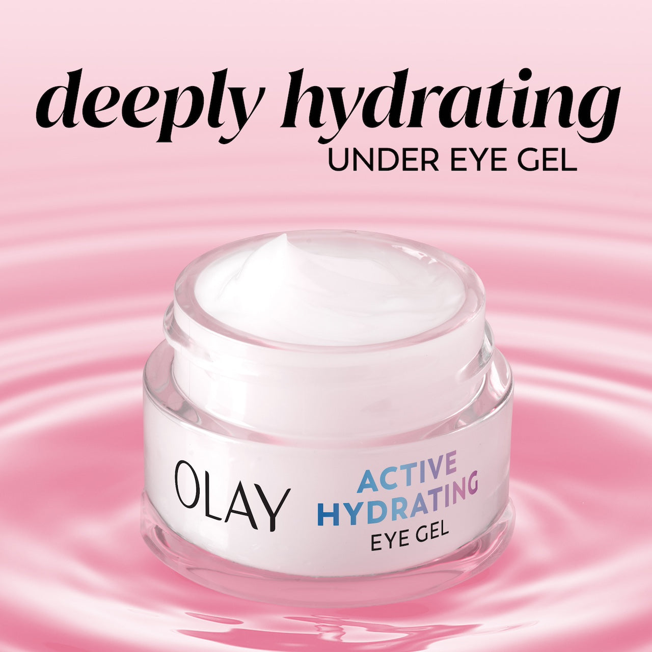 Olay Active Hydrating Eye Cream with lid off of jar. Deeply hydrating under eye gel.