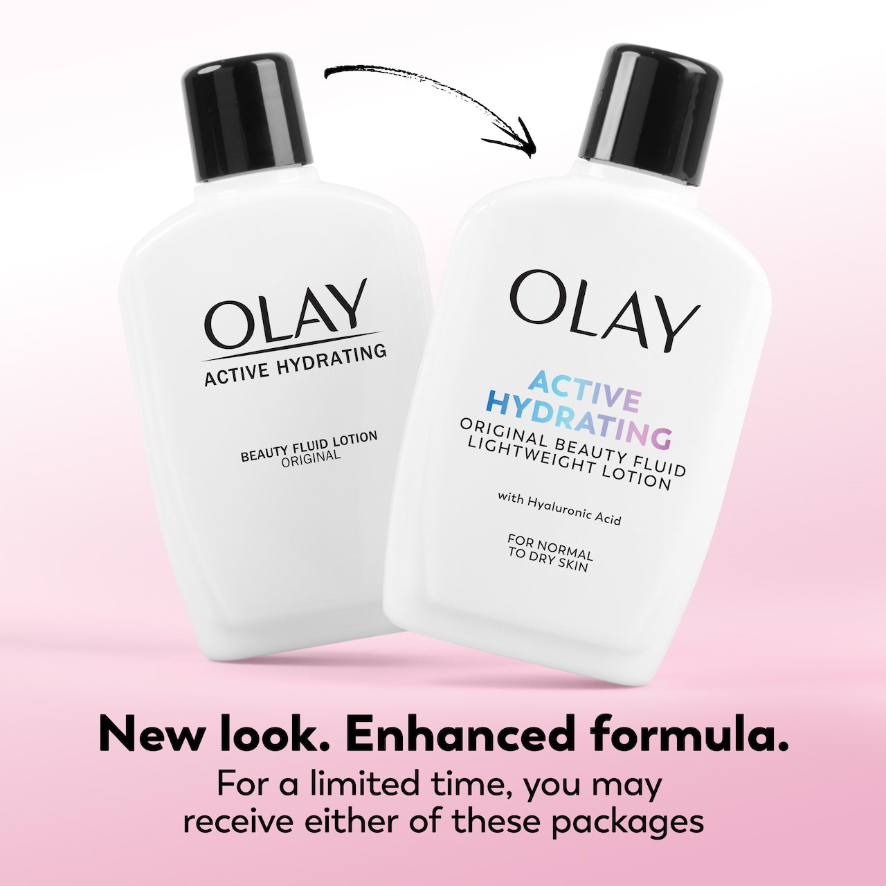 Two Olay Active Hydrating beauty fluid bottles on a pink background with text about a new look and enhanced formula.