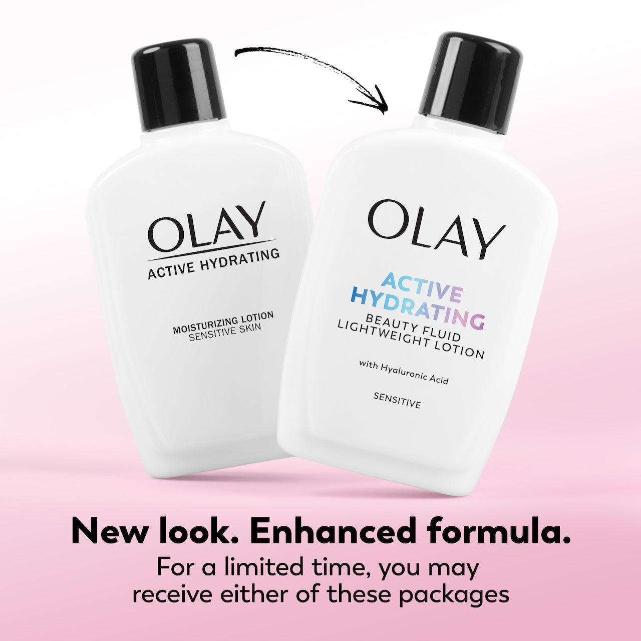 Two Olay Active Hydrating products on a pink background with text about a new look and enhanced formula.