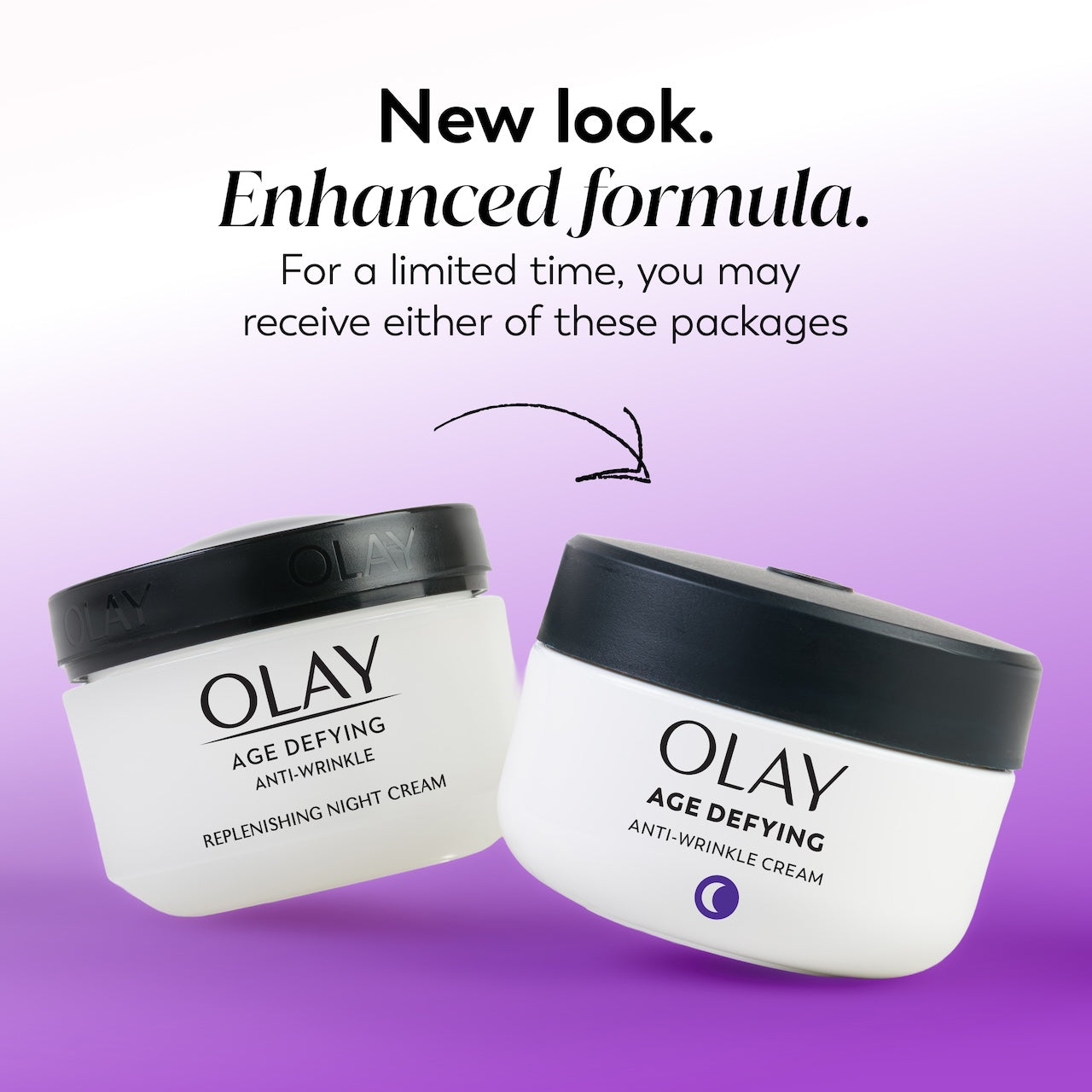 Two Olay Age Defying Anti-Wrinkle Cream containers on a purple background with text about a new look and enhanced formula.