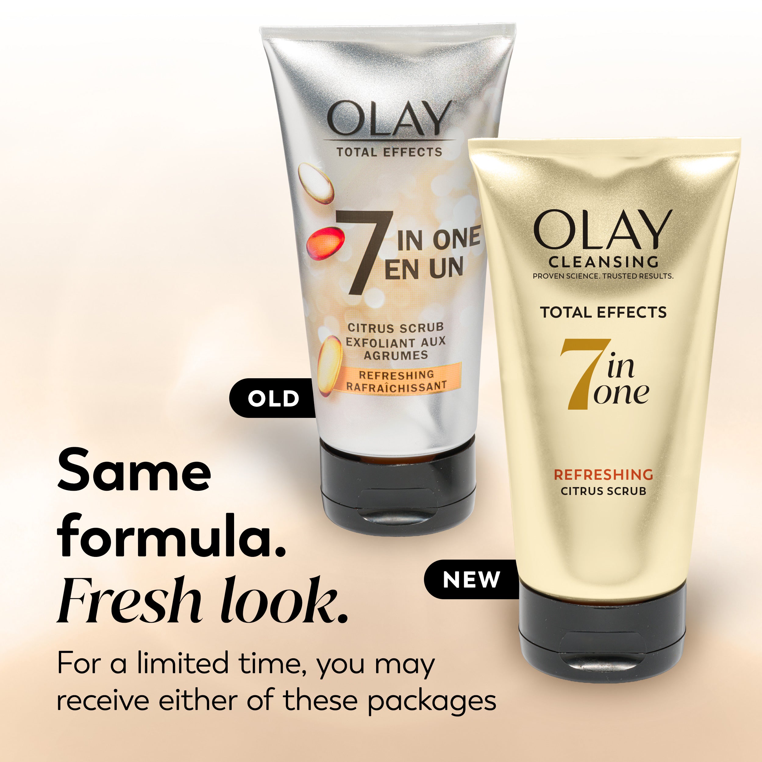 The old and new packaging for the product with text about how you may receive one an old one or a new package for a limited time.