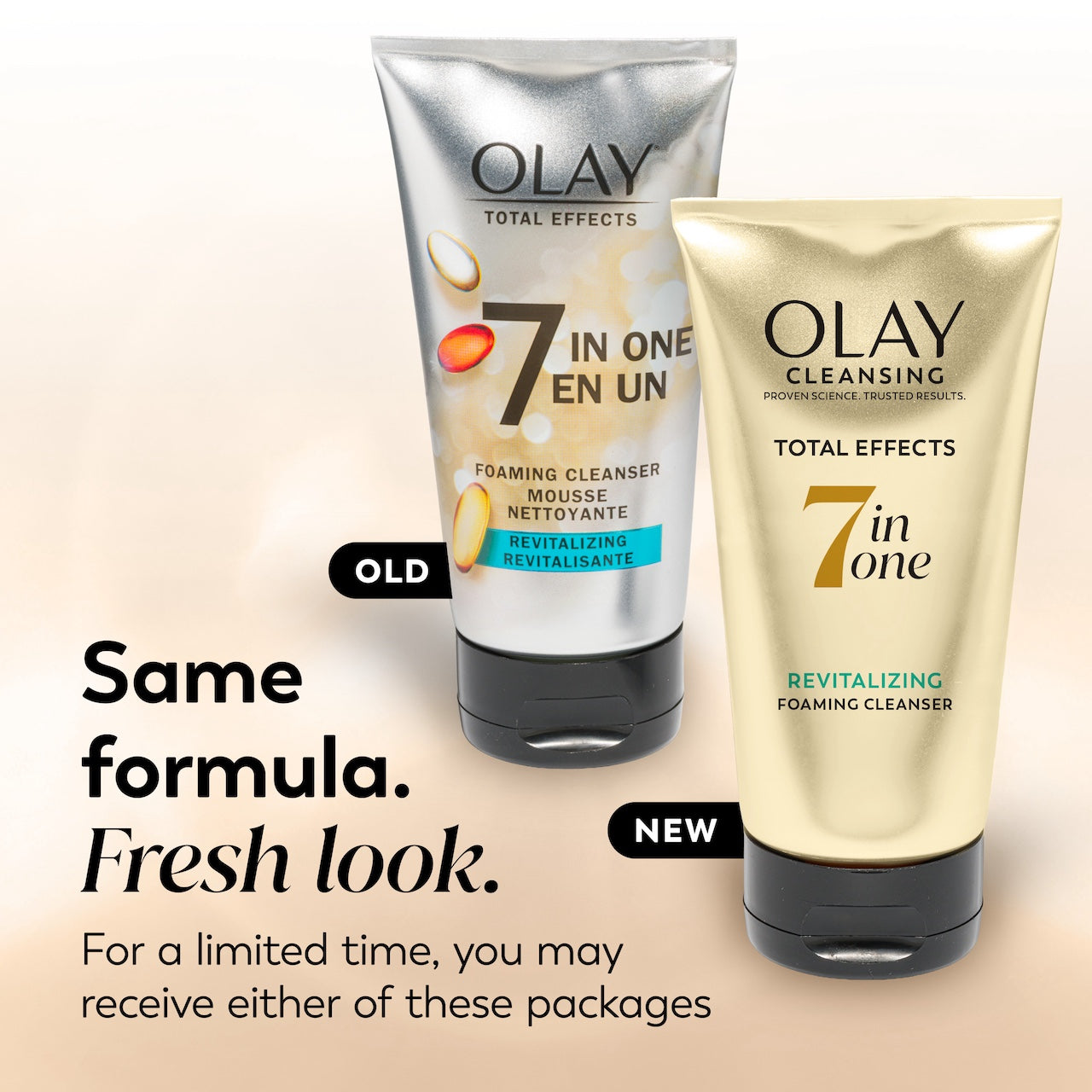 Two Olay Total Effects 7-in-one cleansing products on a beige background with text about a limited-time offer.