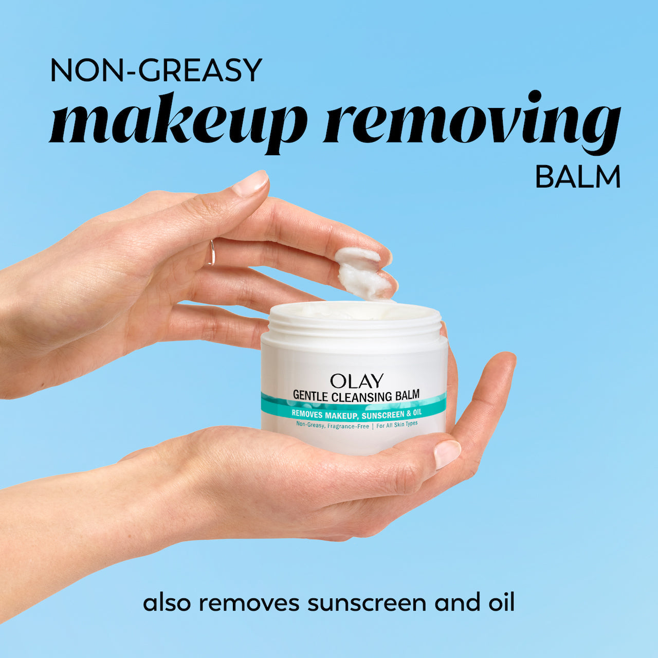 Model Dipping Fingers in Balm, holding container in other hand. Non-Greasy, Make-up Removing Balm. Also Removes Sunscreen and Oil