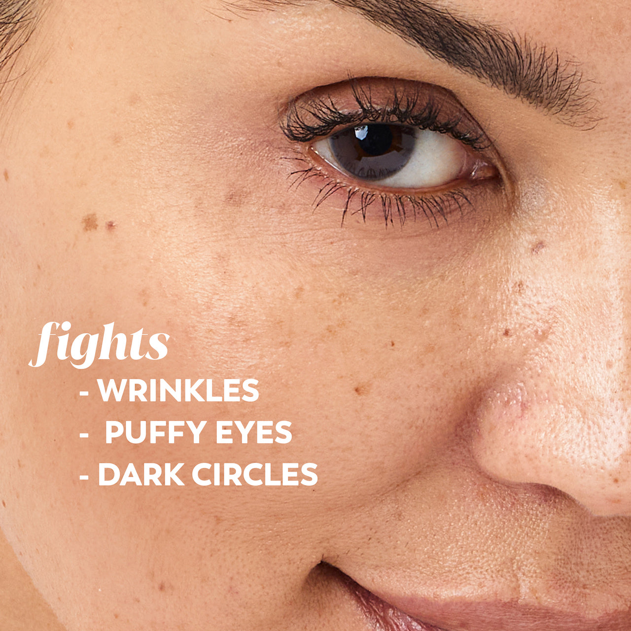 Model posing. Fights wrinkles, puffy eyes, dark circles