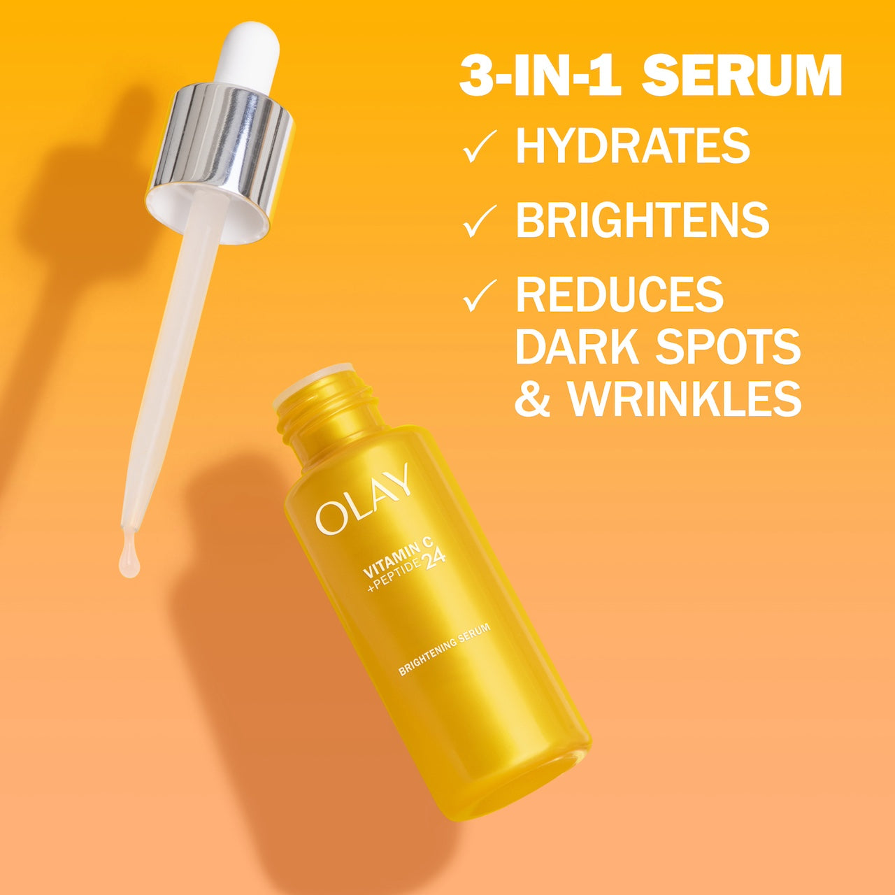 Olay Vitamin C Brightening Serum bottle with dropper. 3 in 1 serum hydrates, brightens, reduces dark spots and wrinkles.