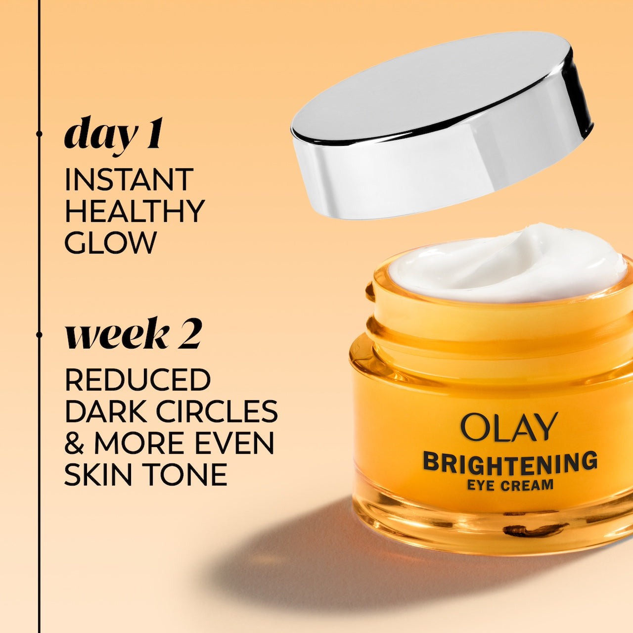 Olay Brightening Eyes Vitamin C Eye Cream jar. Day 1 instant healthy glow. Week 2 reduced dark circles and more even skin tone.