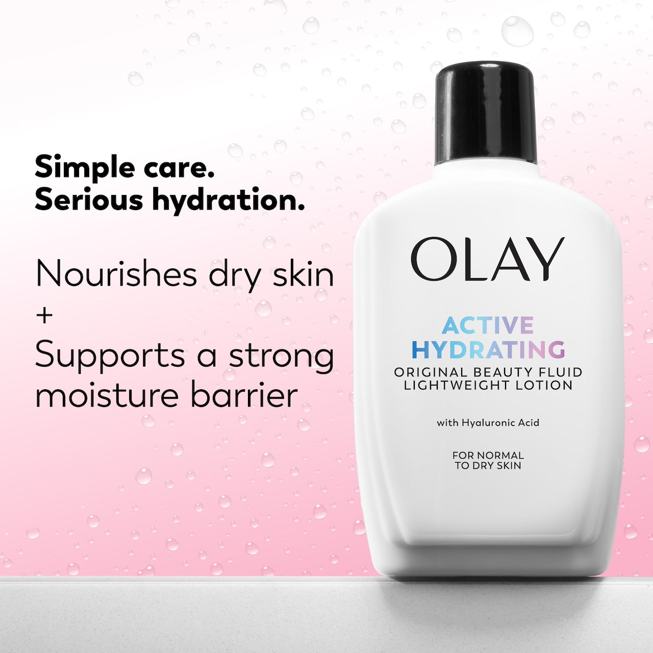 Olay Active Hydrating lotion bottle on a pink background with text about hydration.