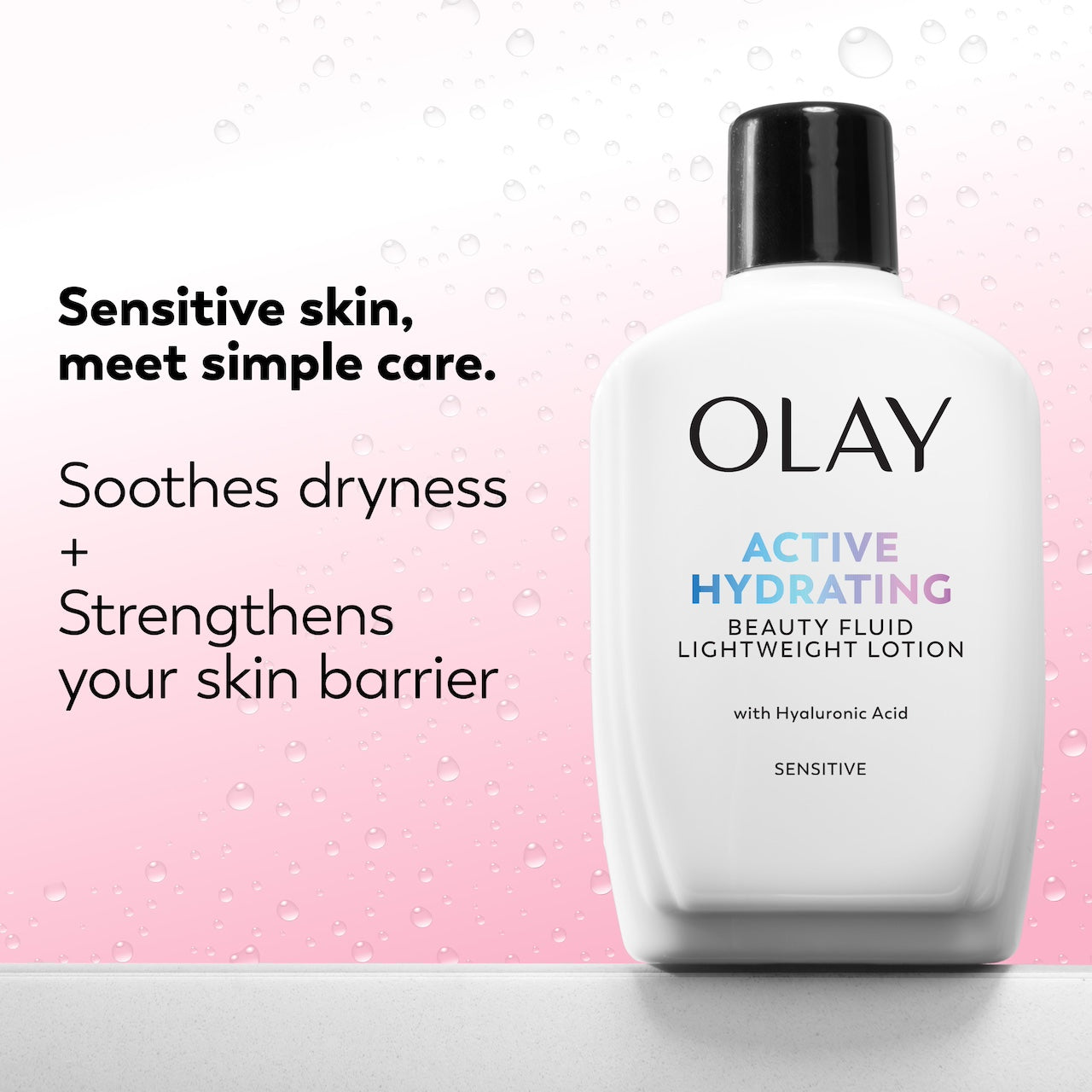Olay Active Hydrating Beauty Fluid bottle on a light pink background with text about skin care benefits.