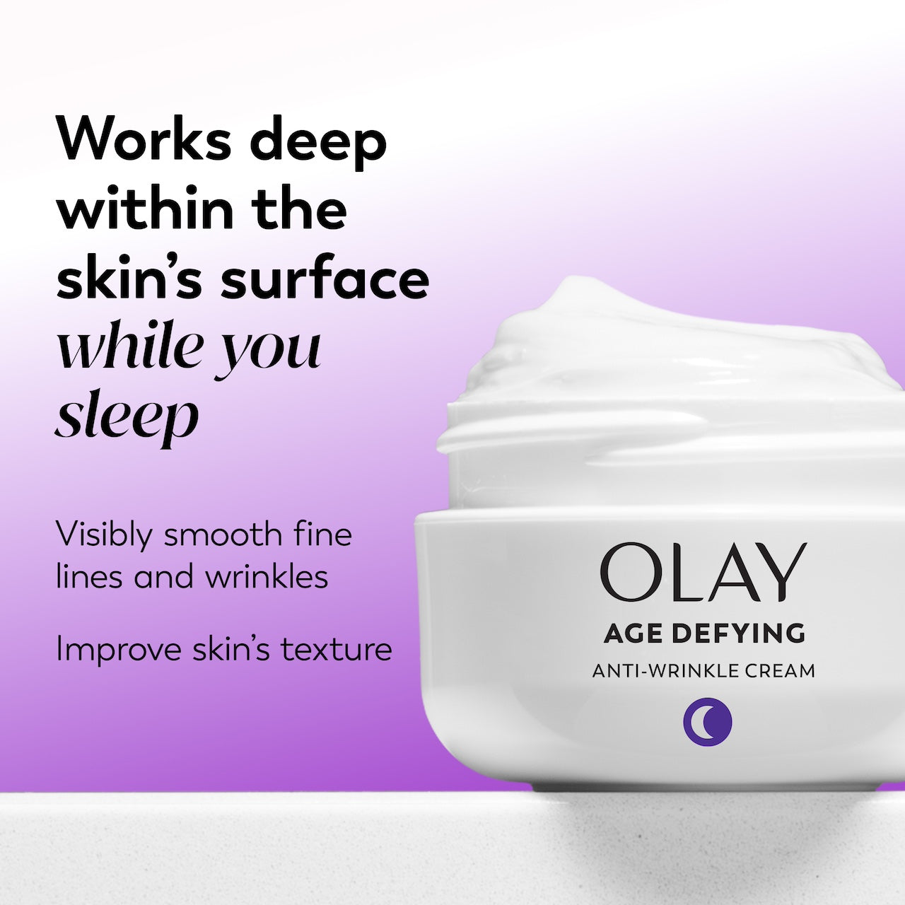 Olay Age Defying Anti-Wrinkle Cream jar with promotional text on a purple background