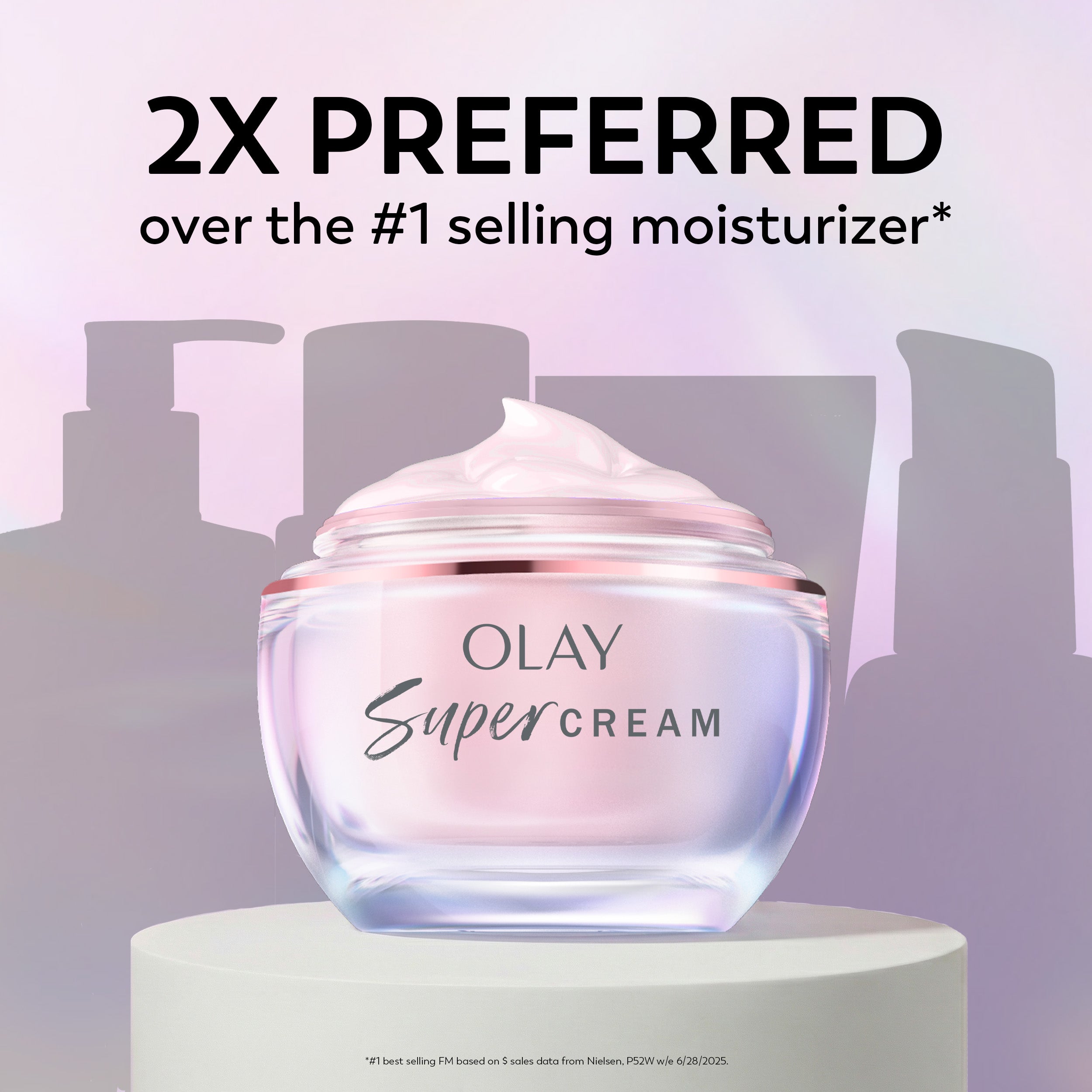 Olay Super Cream moisturizer jar displayed on a pedestal with promotional text reading '2X PREFERRED over the #1 selling moisturizer*' above it.