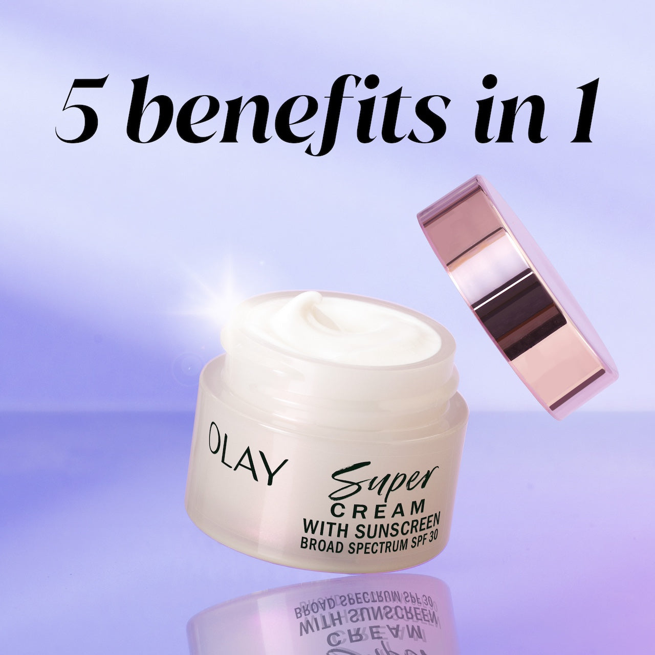 Olay Super Cream Mini with Sunscreen SPF 30, Ultra Lightweight SPF Face Moisturizer jar with lid off. 5 benefits in 1