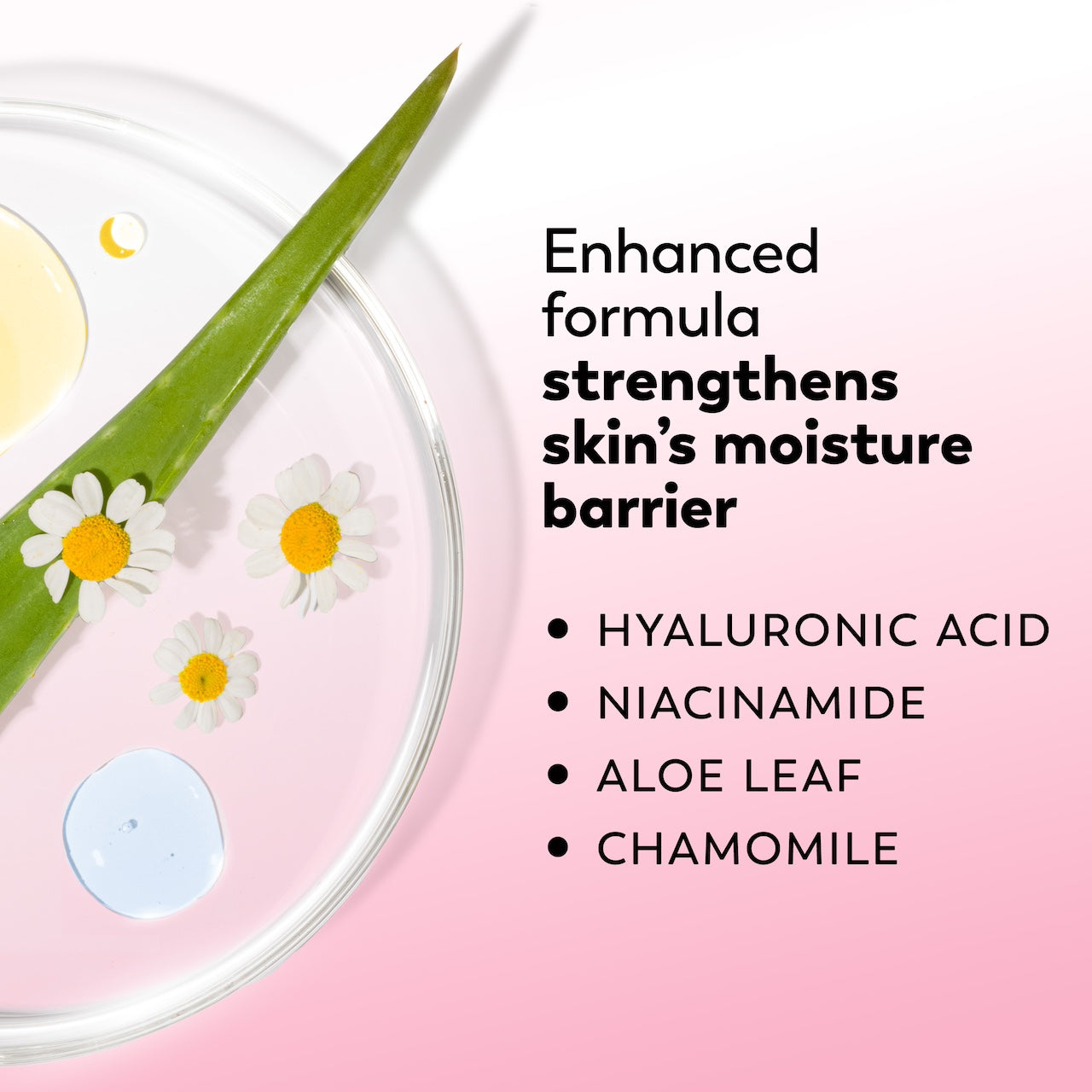 Product with daisies and aloe leaf on a pink background, featuring text about skin care benefits.