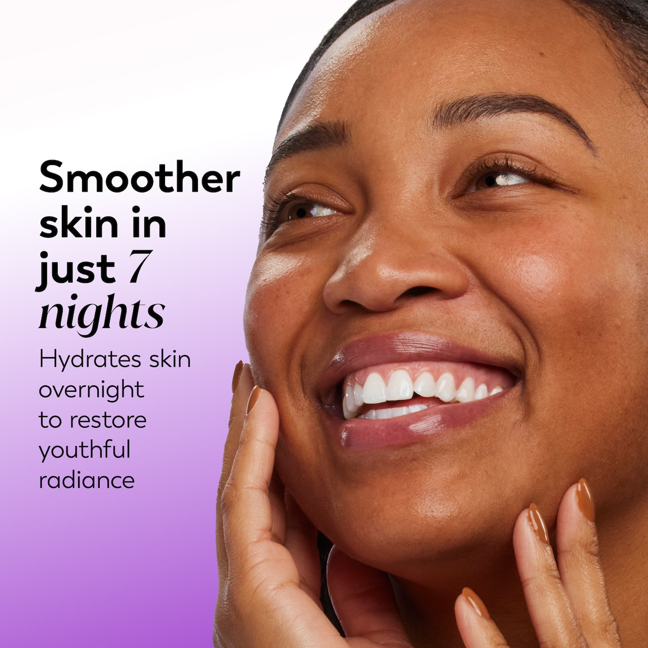 Woman with smooth skin and text about skin smoothing in 7 nights on a purple background