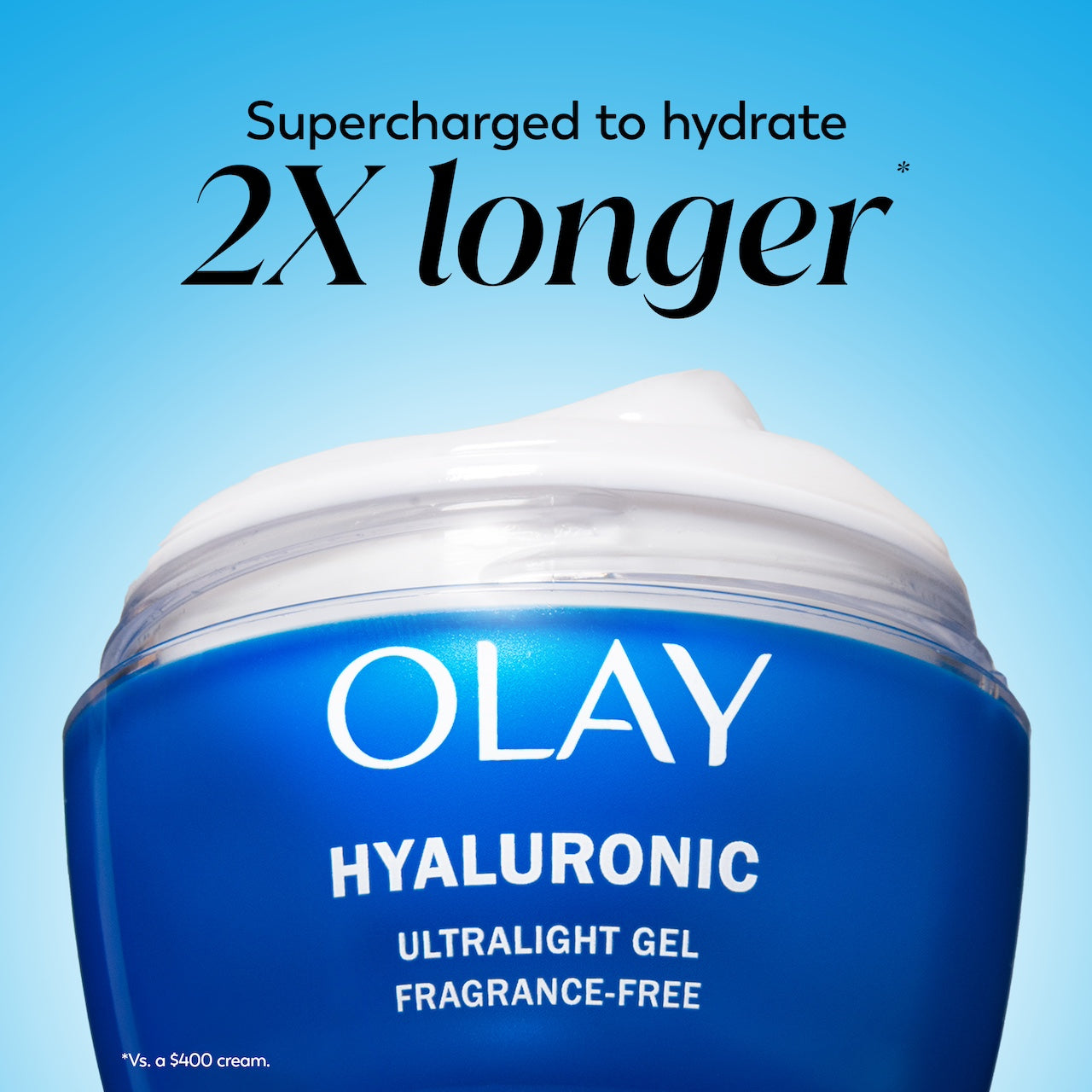 Olay Hyaluronic Ultralight Gel jar. Supercharged to hydrate 2x longer* *vs a $400 cream