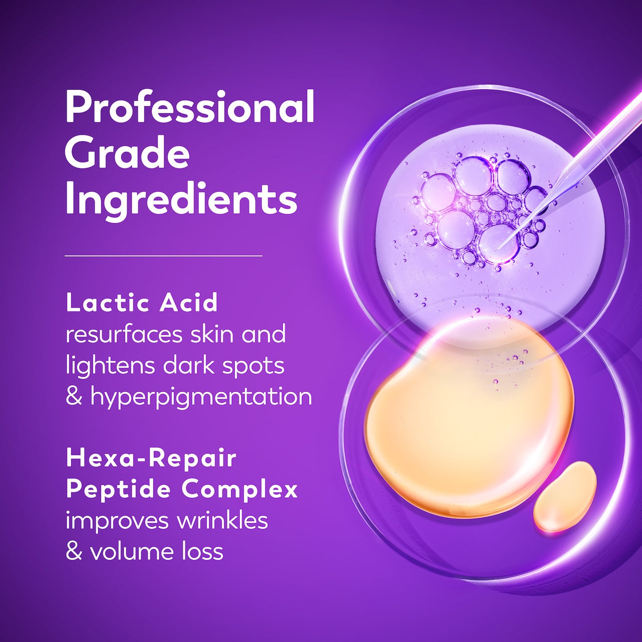Ingredients. Professional grade ingredients. Lactic acid resurfaces skin and lightens dark spots and hyperpigmentation, hexa repair peptide complex improves wrinkles and volume loss