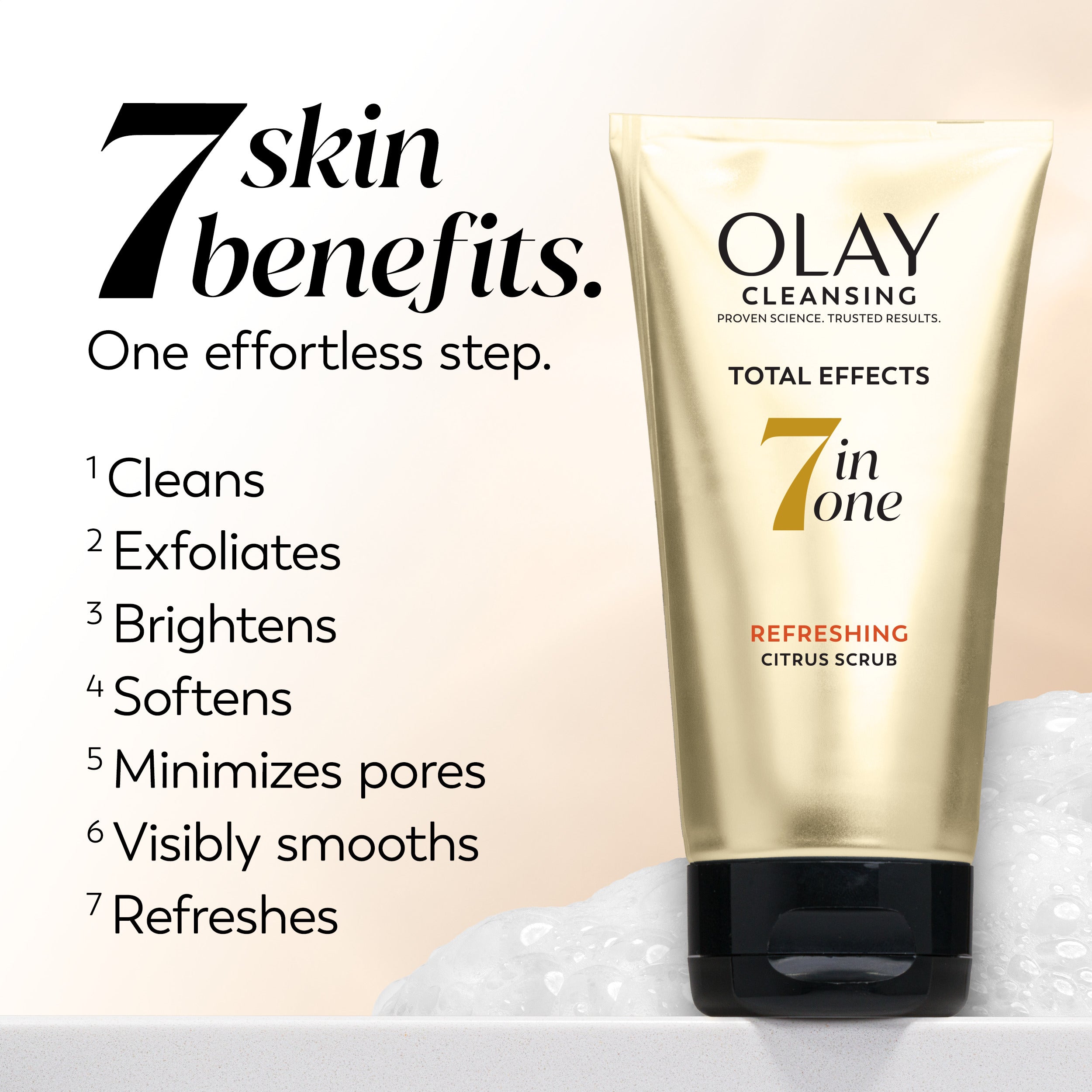 Olay Cleansing Total Effects scrub with text highlighting 7 skin benefits on a beige background