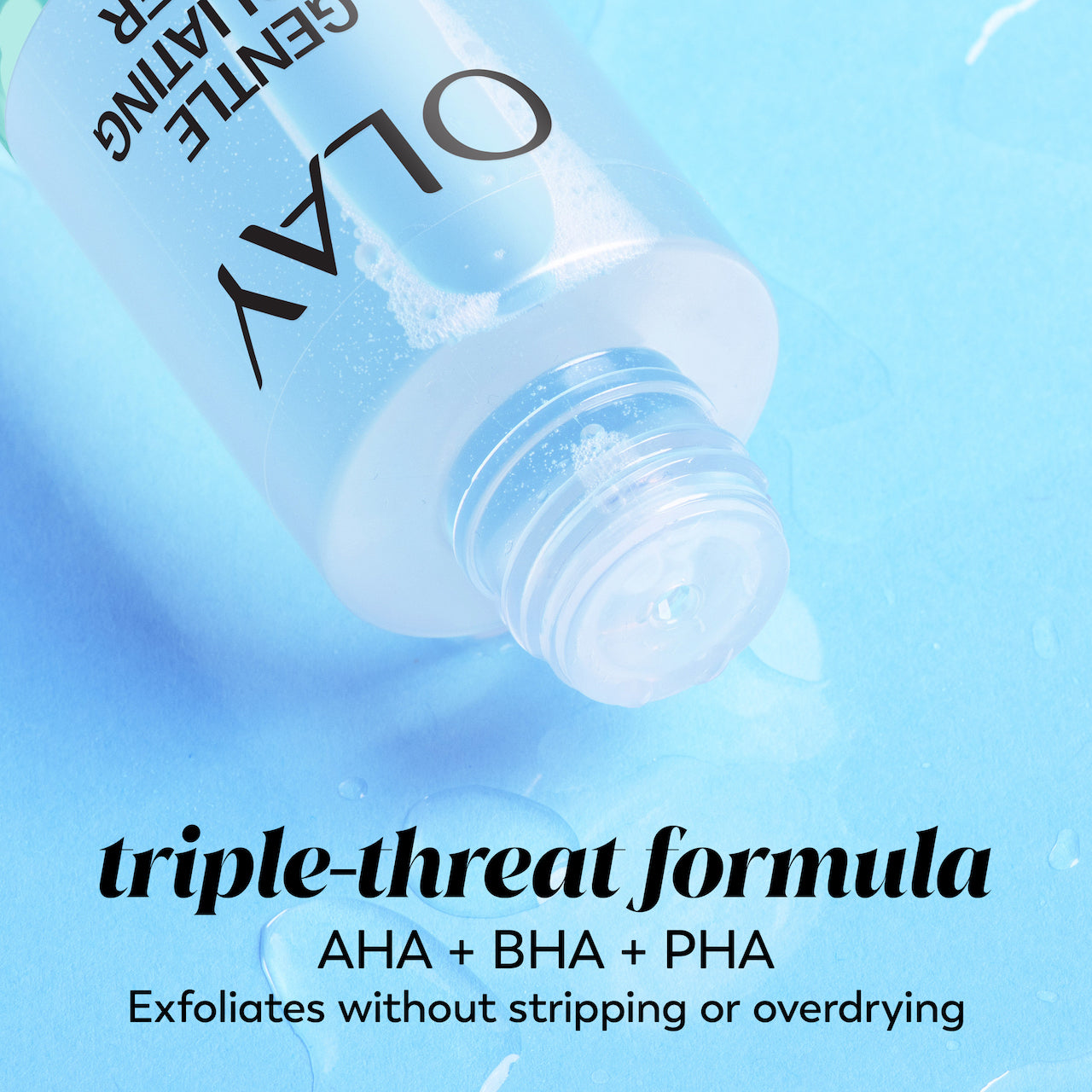 Olay Gentle Exfoliating Toner bottle. Triple threat formula AHA+BHA+PHA. Exfoliates without stripping or overdrying.