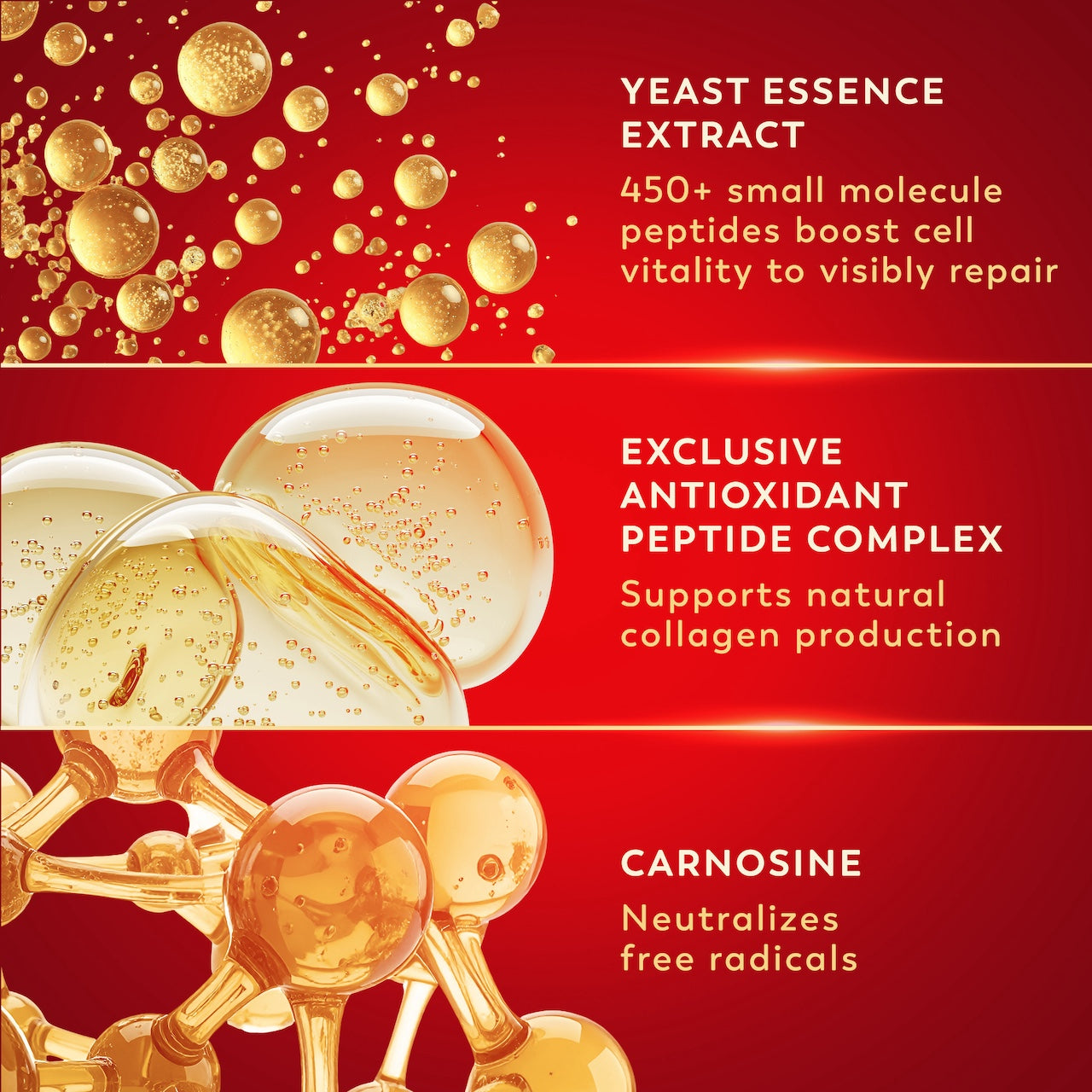 Ingredients. Yeast essence extract. 450+ small molecule peptides boost cell vitality to visibly repair. Exclusive antioxidant peptide complex supports natural collagen production. Carnosine neutralizes free radicals