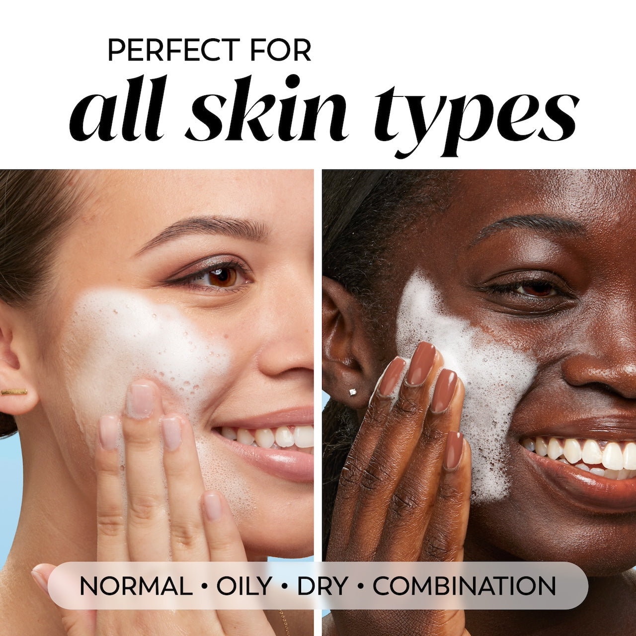 2 model of different skin types and tones applying cleansing melts cleanser to face. Perfect for all skin types. Normal oily dry combination.