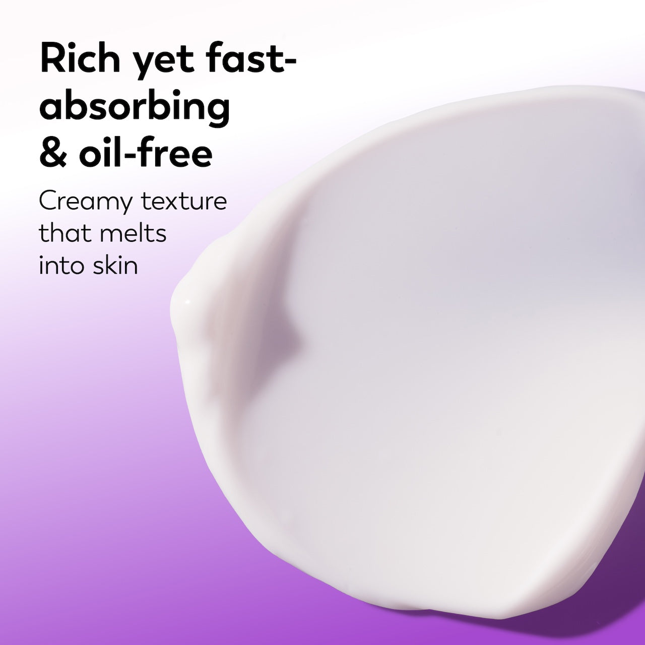 White cream texture on a purple background with text about its properties.