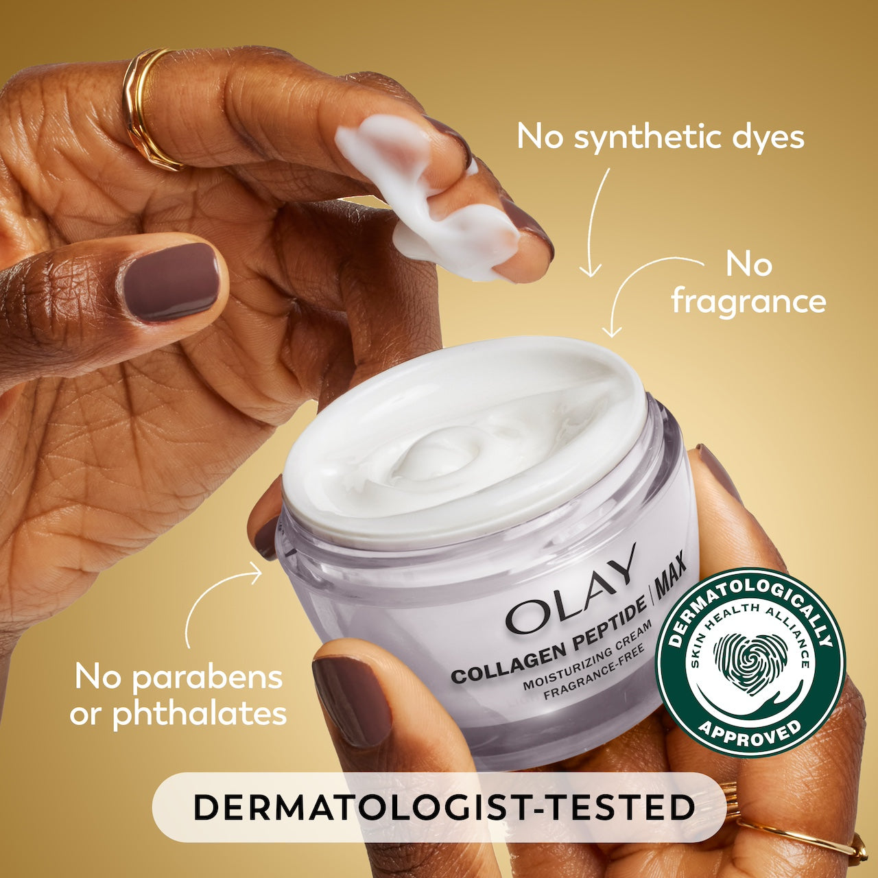 Model dipping fingers in Collagen Peptide Moisturizing Cream. No synthetic dyes, no phthalates, no fragrance. Dermatologist tested. Dermatologically approved.