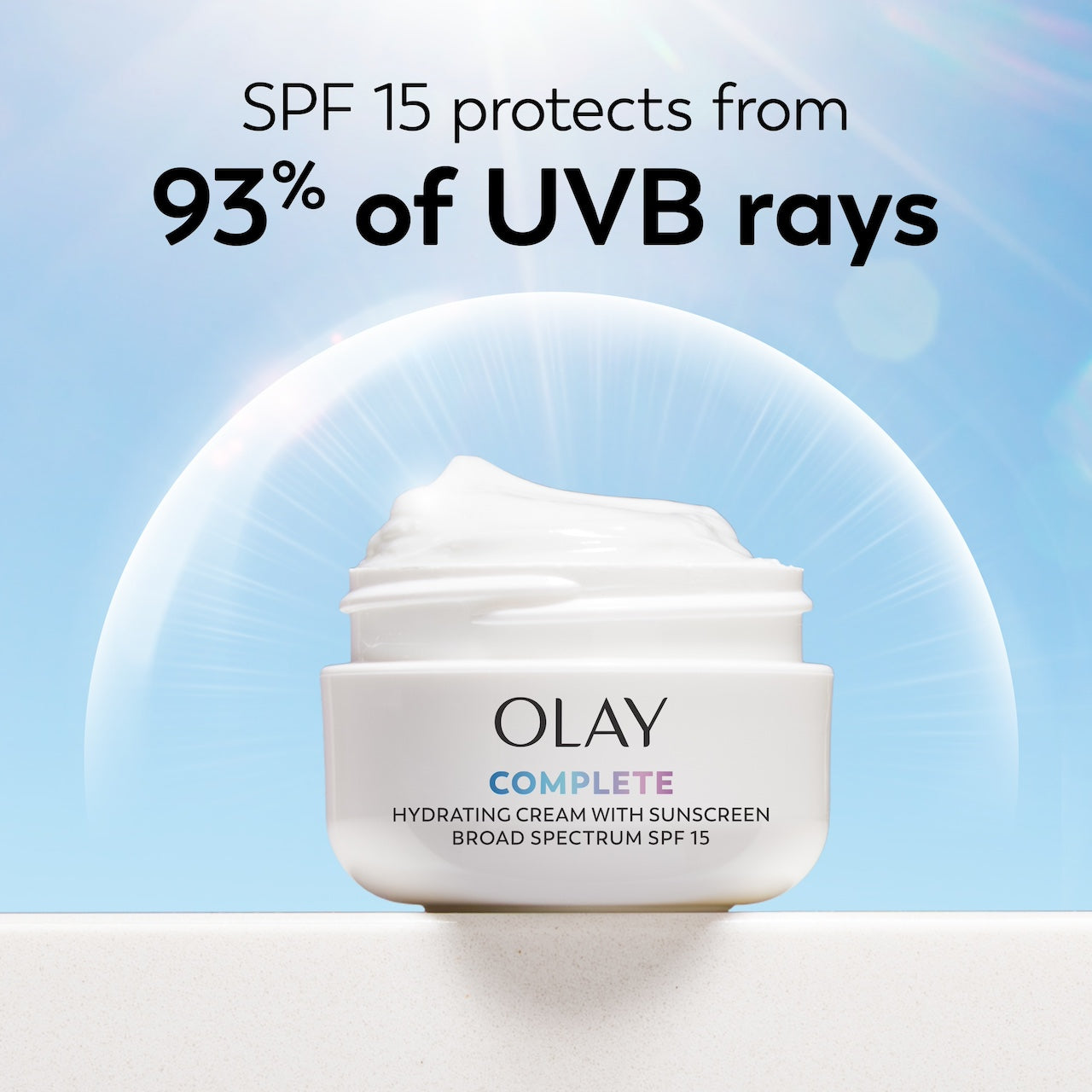 Olay Complete Cream Moisturizer with SPF 15 Normal container with lid off. SPF 15 protects from 93% of UVB rays.