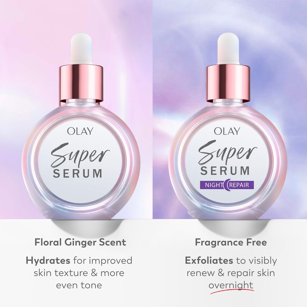 Super Serum jar floral ginger scent hydrates for improved texture and more even tone. Super Serum night repair jar fragrance free exfoliates to visibly renew and repair skin overnight.