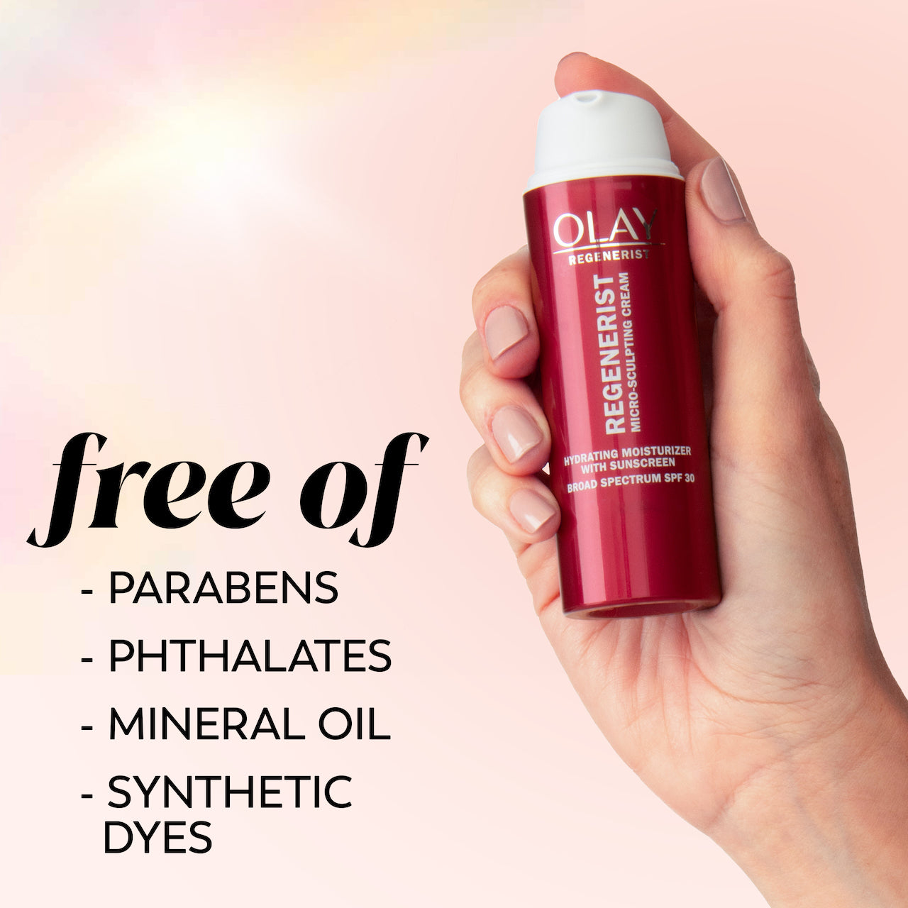 Micro-Sculpting Cream Moisturizer SPF 30 bottle in hand. Free of parabens, phthalates, mineral oil, synthetic dyes