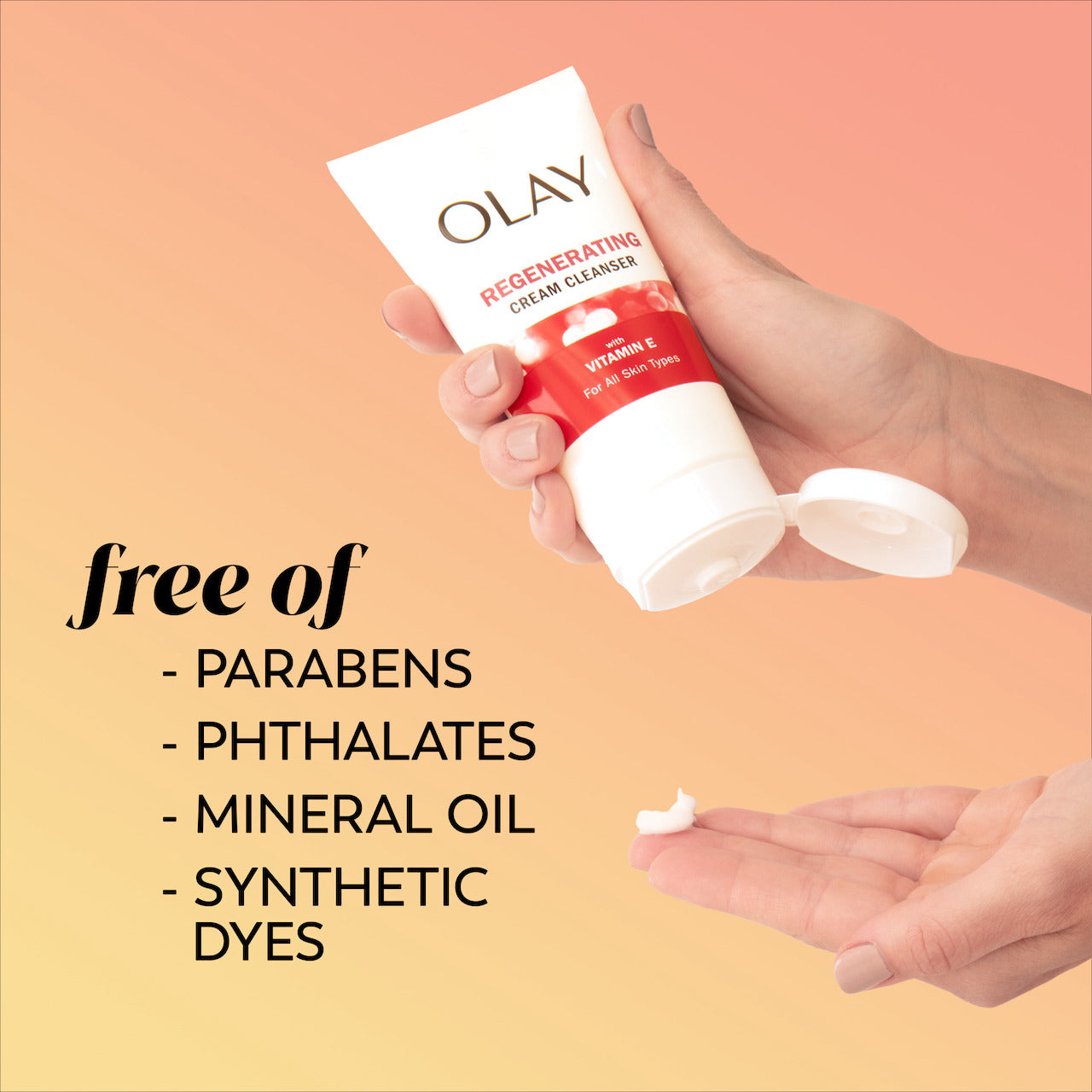 Product in hand. Free of Parabens, Phthalates, Mineral Oil, Synthetic Dyes.